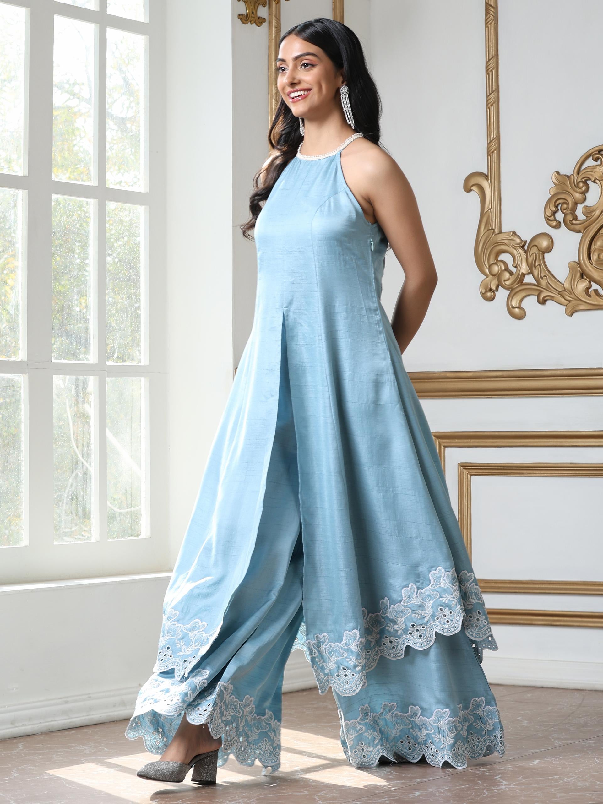 Women’s Blue Suit Set with Palazzo Pc Set, Halter Neck, Schiffli Embroidery on Hem, Sleeveless, Festive Wear, Casual (PRF'T Lux Duchess Satin