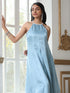 Women’s Blue Suit Set with Palazzo | 2 Pc Set, Halter Neck, Schiffli Embroidery on Hem, Sleeveless, Festive Wear, Casual (PRF'T Lux Duchess Satin Fabric)