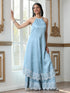 Women’s Blue Suit Set with Palazzo | 2 Pc Set, Halter Neck, Schiffli Embroidery on Hem, Sleeveless, Festive Wear, Casual (PRF'T Lux Duchess Satin Fabric)