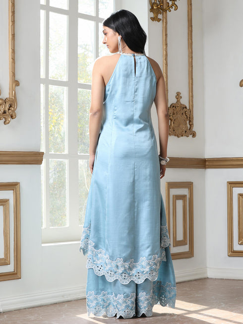 Women’s Blue Suit Set with Palazzo | 2 Pc Set, Halter Neck, Schiffli Embroidery on Hem, Sleeveless, Festive Wear, Casual (PRF'T Lux Duchess Satin Fabric)
