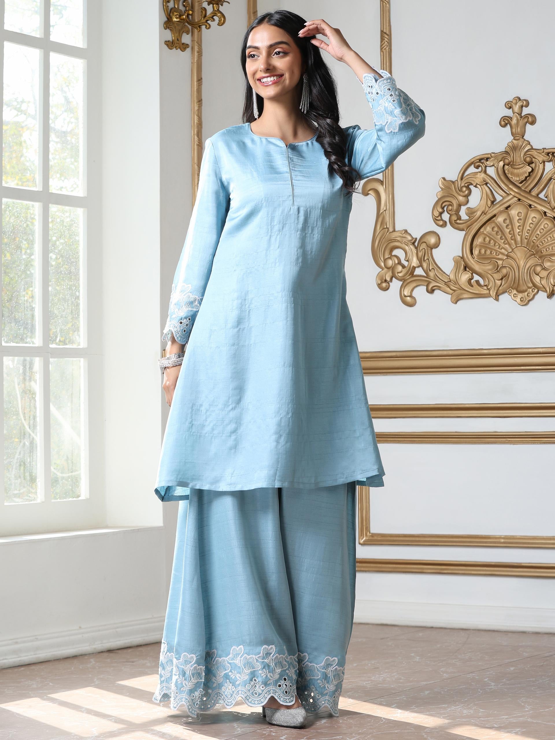 Women’s Blue Suit Set with Palazzo | 2 Pc Set, A-Line, Schiffli Embroidery on Sleeve and Palazzo, Short Kurta, Festive Party Wear (PRF'T Lux Duchess Satin Fabric)