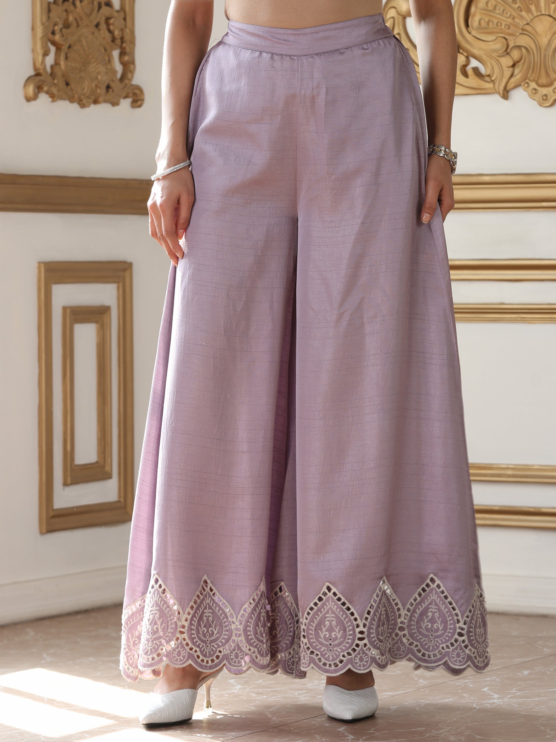 Women’s Luxe Lilac Schffli Palazzo | 1 Pc, PRF'T Lux Duchess Satin Fabric, Schiffli Embroidery, Festive Party Wear