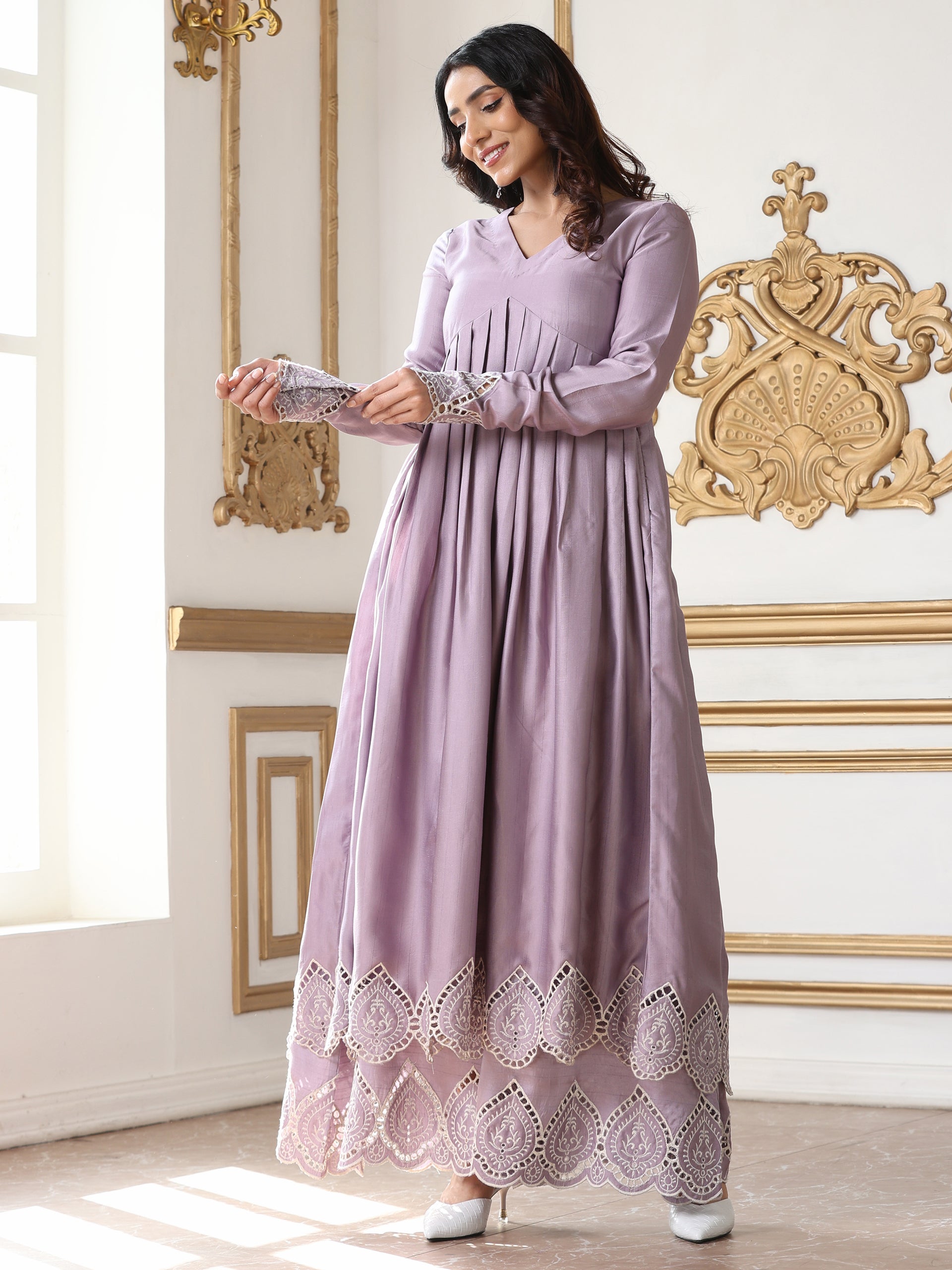 Women’s Luxe Lilac Schffli Palazzo | 1 Pc, PRF'T Lux Duchess Satin Fabric, Schiffli Embroidery, Festive Party Wear