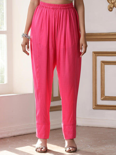 Women’s Pink Suit Set with Pant | 2 Pc Set, Paneled Design, Lace Detailing, Work Wear, Casual (Viscose Breathable Soft Natural Fabric)