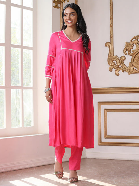 Women’s Pink Suit Set with Pant | 2 Pc Set, Paneled Design, Lace Detailing, Work Wear, Casual (Viscose Breathable Soft Natural Fabric)