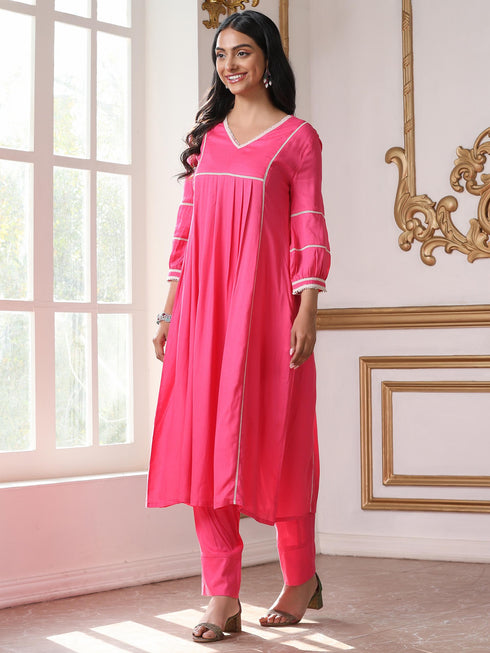 Women’s Pink Suit Set with Pant | 2 Pc Set, Paneled Design, Lace Detailing, Work Wear, Casual (Viscose Breathable Soft Natural Fabric)
