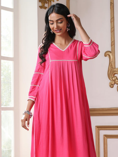 Women’s Pink Suit Set with Pant | 2 Pc Set, Paneled Design, Lace Detailing, Work Wear, Casual (Viscose Breathable Soft Natural Fabric)