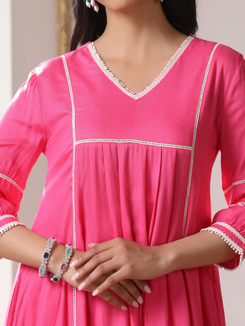 Women’s Pink Suit Set with Pant | 2 Pc Set, Paneled Design, Lace Detailing, Work Wear, Casual (Viscose Breathable Soft Natural Fabric)