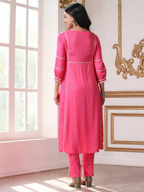 Women’s Pink Suit Set with Pant | 2 Pc Set, Paneled Design, Lace Detailing, Work Wear, Casual (Viscose Breathable Soft Natural Fabric)