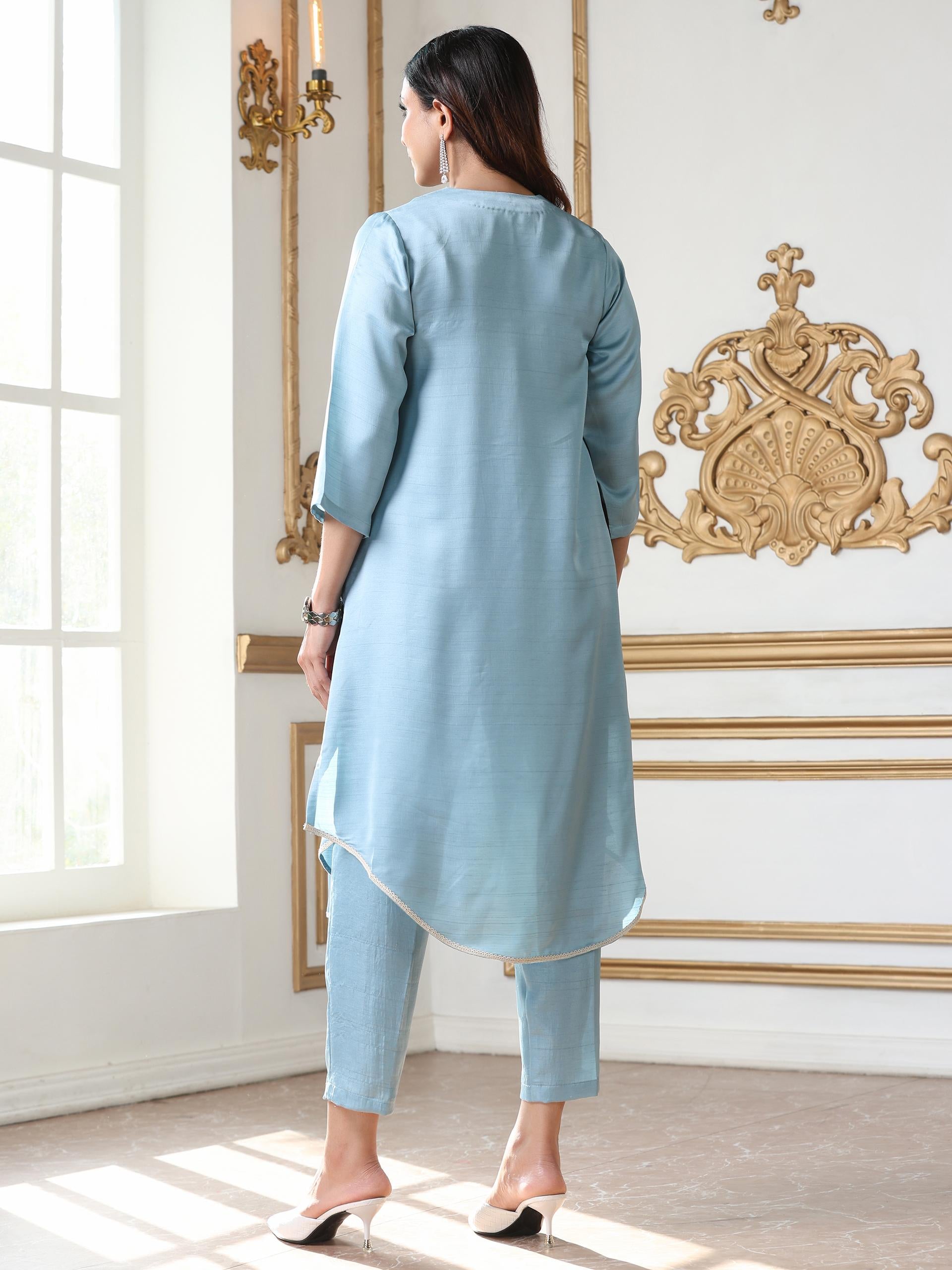 Women’s Blue Suit Set with Pant | 2 Pc Set, Gathered Design, Lace Detailing, V Neck, 3/4th Sleeves, Work Wear, Casual (PRF'T Lux Duchess Satin Fabric)