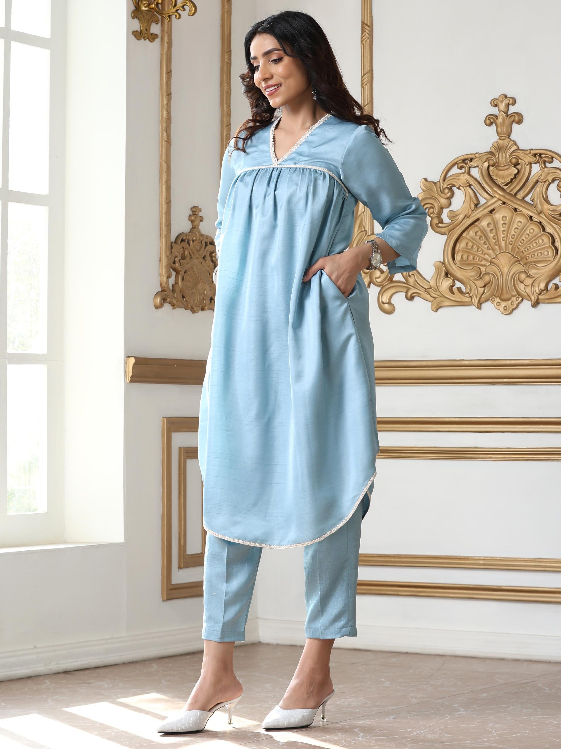 Women’s Blue Suit Set with Pant | 2 Pc Set, Gathered Design, Lace Detailing, V Neck, 3/4th Sleeves, Work Wear, Casual (PRF'T Lux Duchess Satin Fabric)