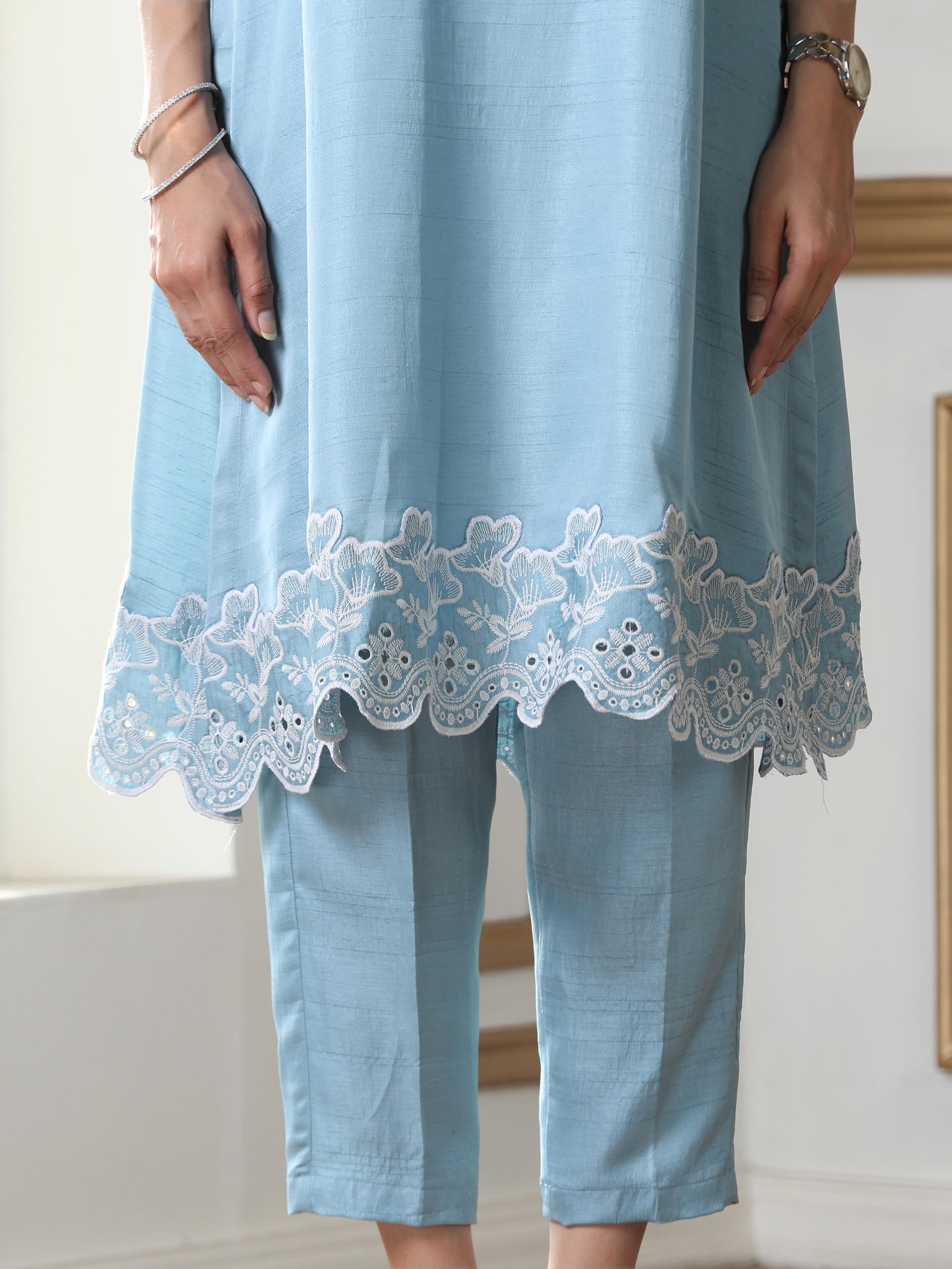Women’s Blue Suit Set with Pant | 2 Pc Set, A-Line, Schiffli Embroidery on Hem, Sleeveless, Work Wear, Casual Wear (PRF'T Lux Duchess Satin Fabric)