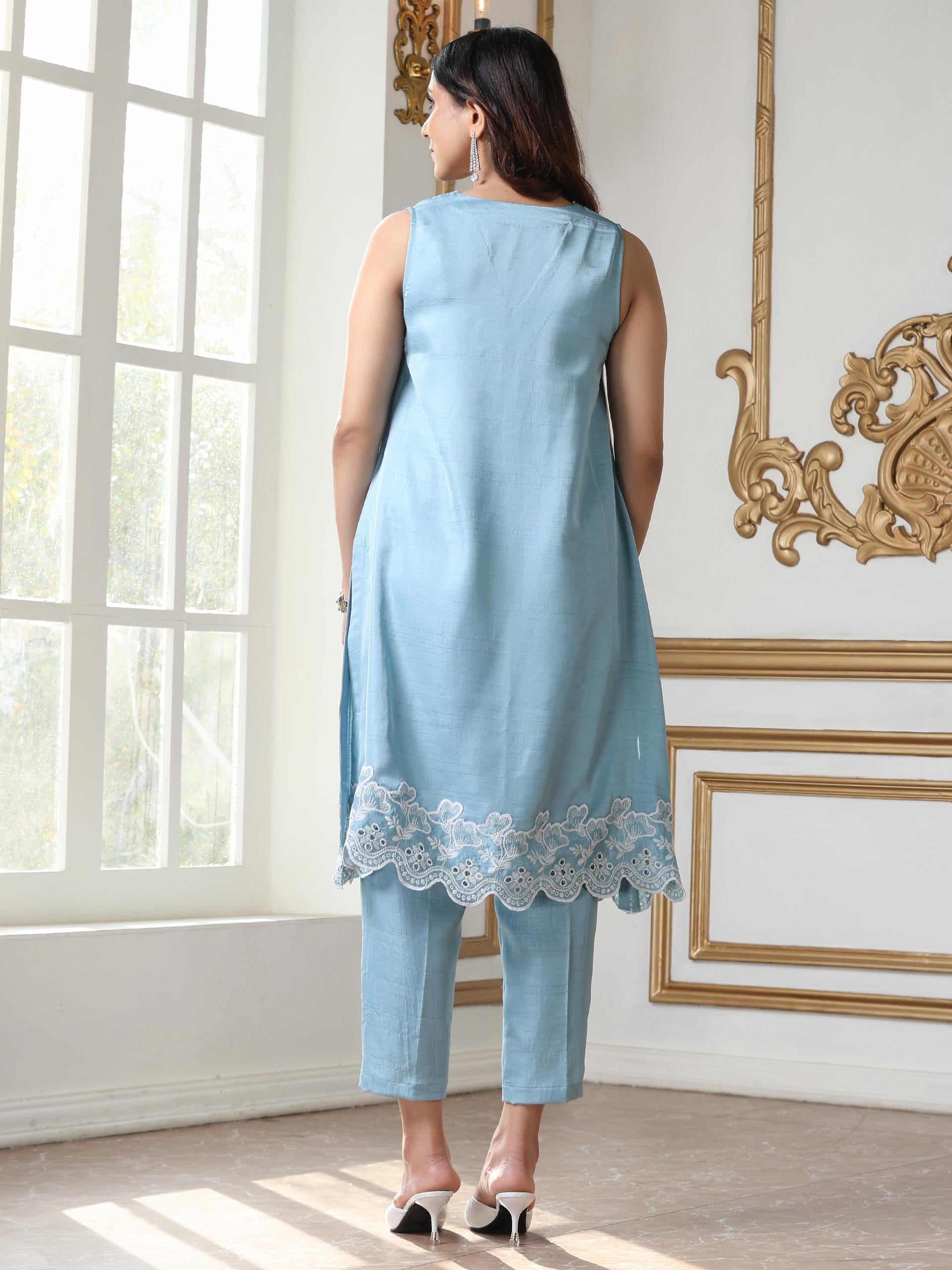 Women’s Blue Suit Set with Pant | 2 Pc Set, A-Line, Schiffli Embroidery on Hem, Sleeveless, Work Wear, Casual Wear (PRF'T Lux Duchess Satin Fabric)