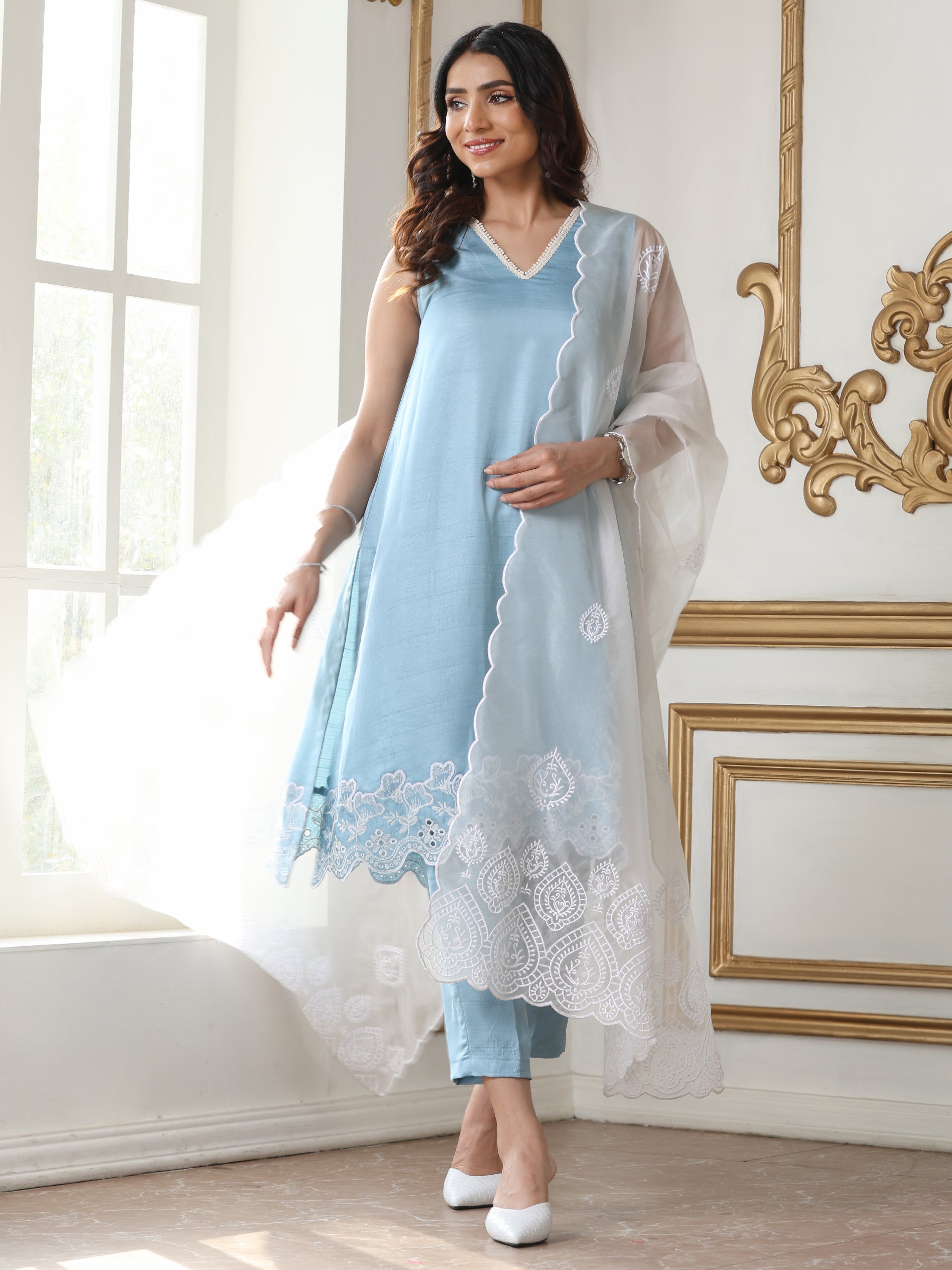 Women’s Blue Suit Set with Pant | 2 Pc Set, A-Line, Schiffli Embroidery on Hem, Sleeveless, Work Wear, Casual Wear (PRF'T Lux Duchess Satin Fabric)