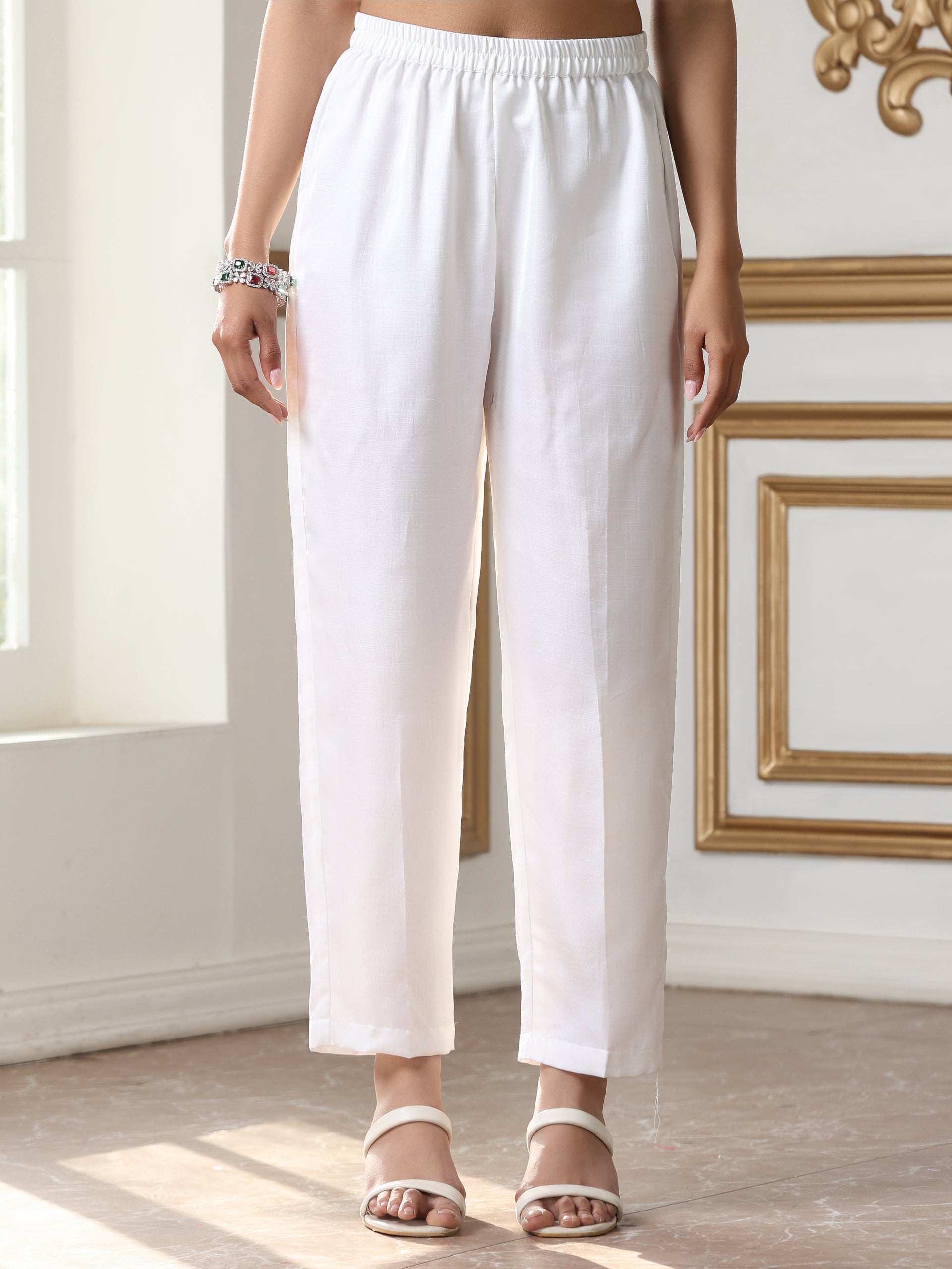 Women’s Pink Suit Set with White Pant | 2 Pc Set, A-Line, Allover Schiffli Embroidery, Sleeveless, Work Wear, Casual (PRF'T Lux Duchess Satin Fabric)