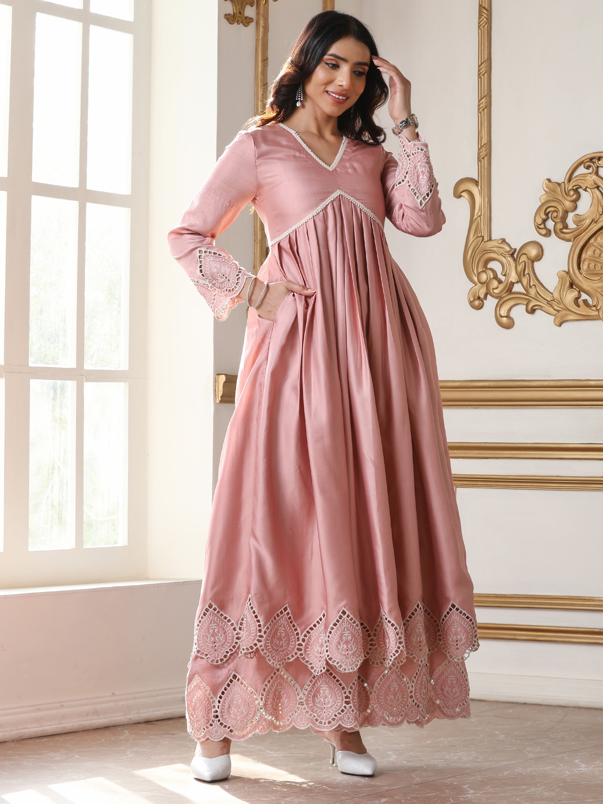 Women’s Pink Anarkali Suit Set with Palazzo | 2 Pc Set, Anarkali Style, Schiffli Embroidery on Hem, Full Sleeves, Festive Wear(PRF'T Lux Duchess Satin Fabric)