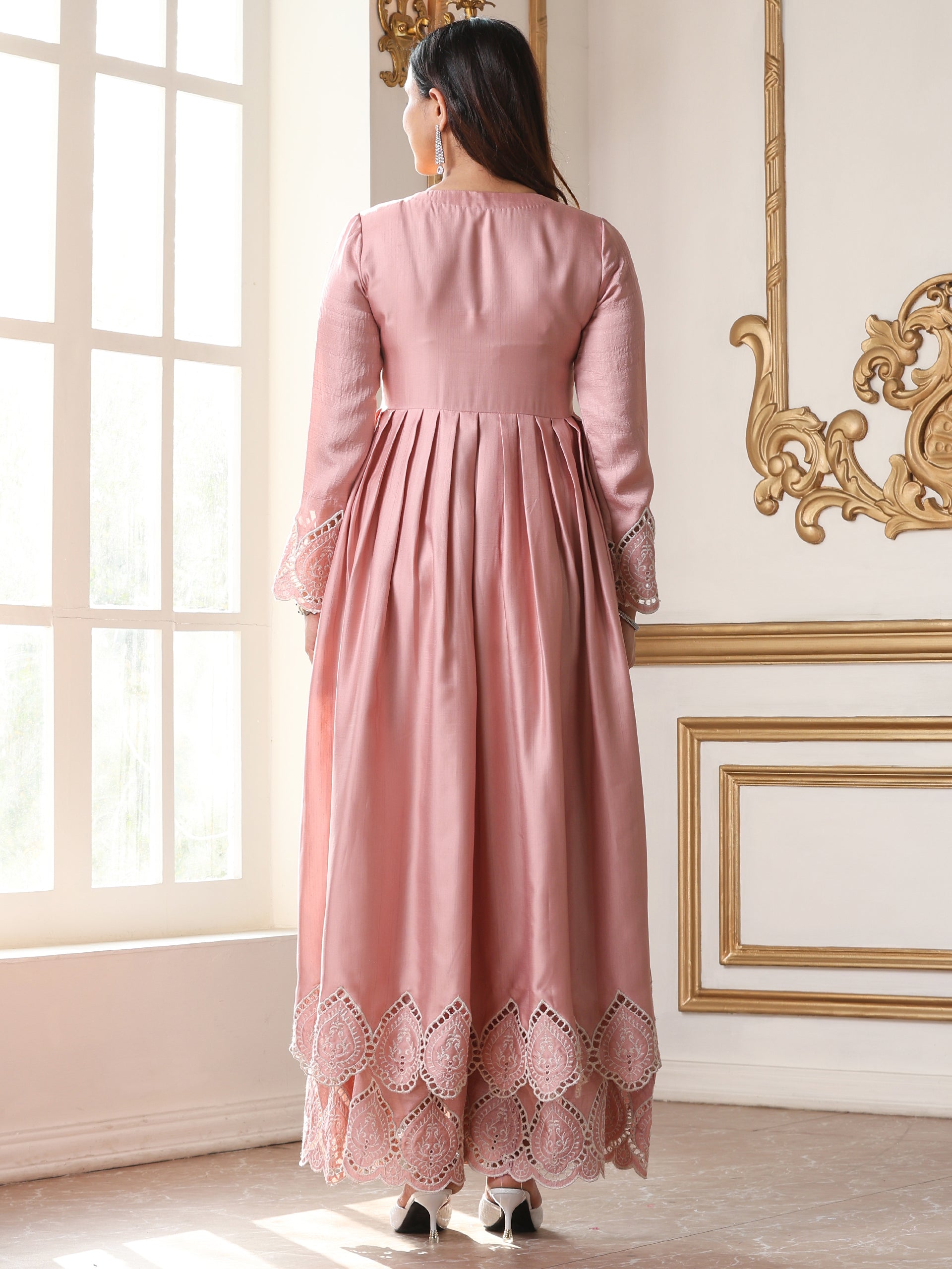 Women’s Pink Anarkali Suit Set with Palazzo | 2 Pc Set, Anarkali Style, Schiffli Embroidery on Hem, Full Sleeves, Festive Wear(PRF'T Lux Duchess Satin Fabric)