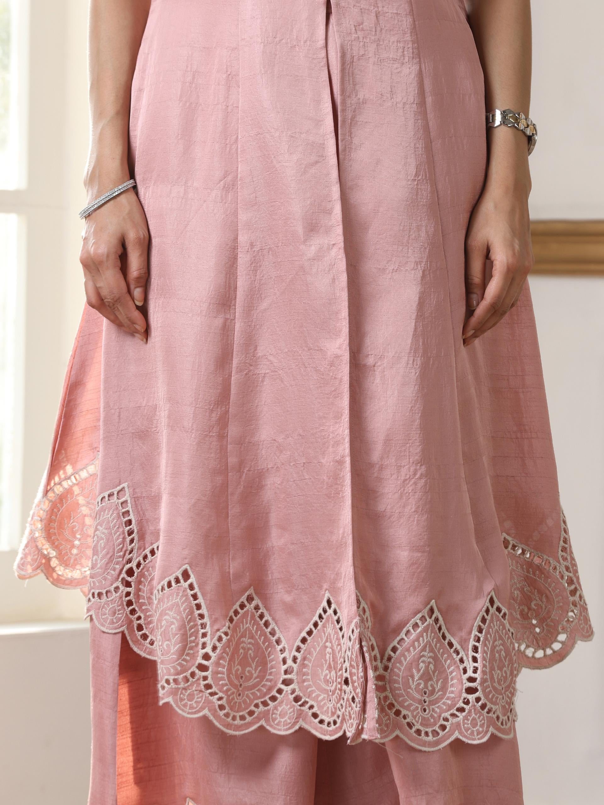 Women’s Pink Suit Set with Palazzo | 2 Pc Set, Halter Neck, Schiffli Embroidery on Hem, Sleeveless, Casual (PRF'T Lux Duchess Satin Fabric)