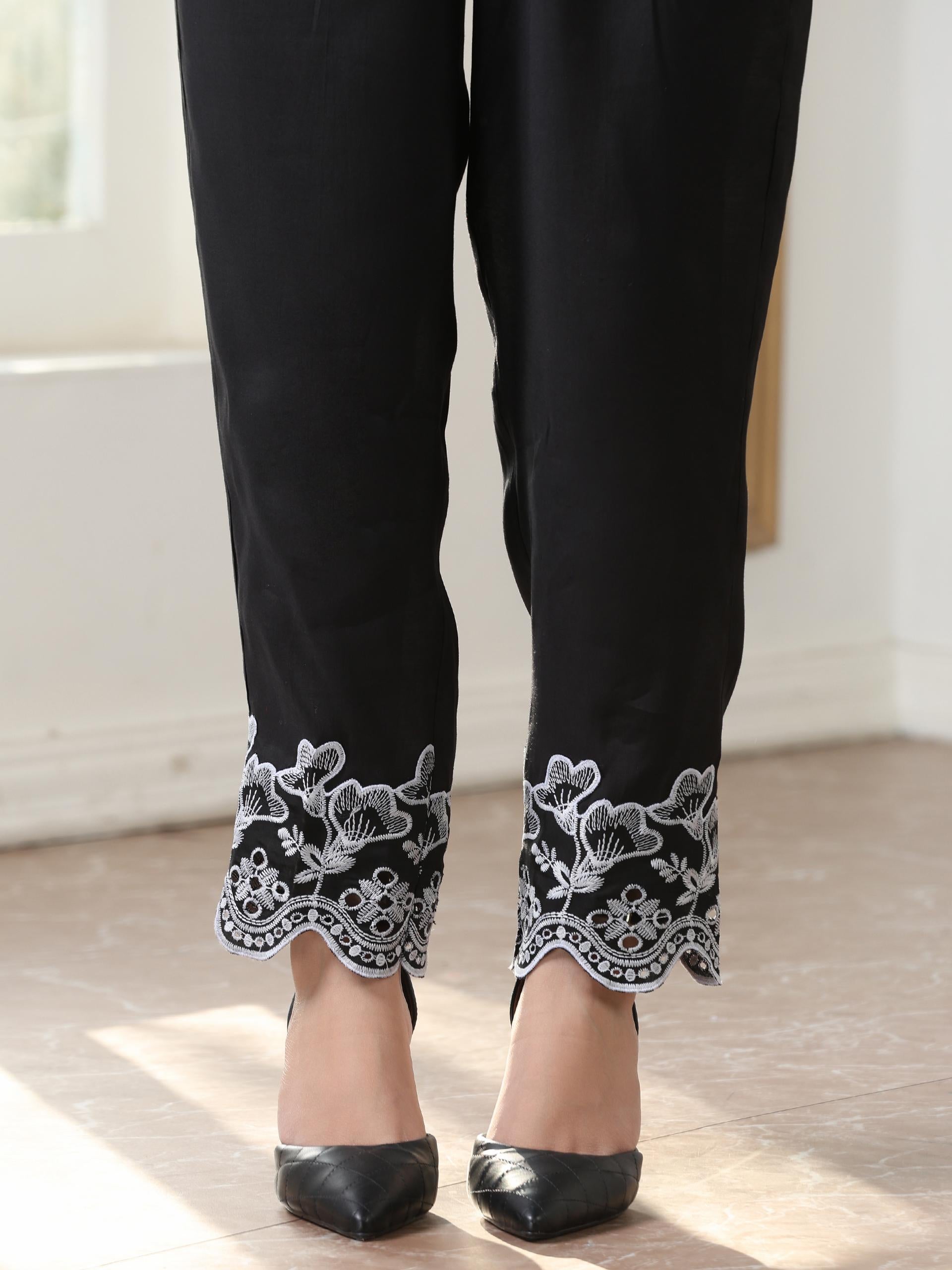 Women’s Black Hi-Low Suit Set with Pant | 2 Pc Set, Hi-Low Design, Schiffli Embroidery on Sleeve & Hem, Half Sleeves ,Work Wear, Casual Wear (AirSkin Cotton Silk Blend Fabric)