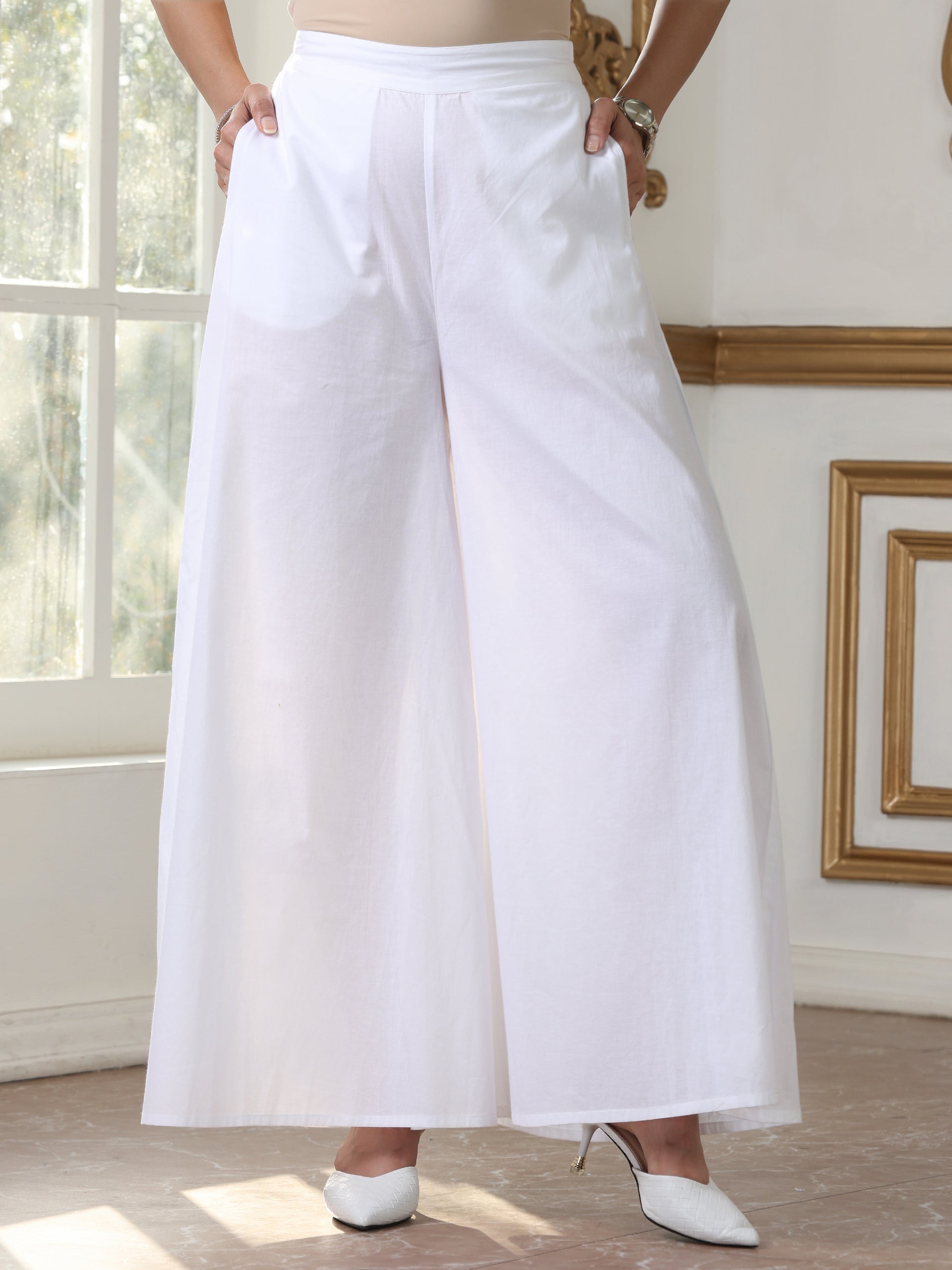 Women’s Pink Schffli AllOver Embroidery Easy Suit Set with White Palazzo | 2 Pc Set, A-Line, Allover Swiss Embroidery, 3/4th Sleeve, Work Wear, Casual (PRF'T Lux Duchess Satin Texture with Swiss Embroidery)