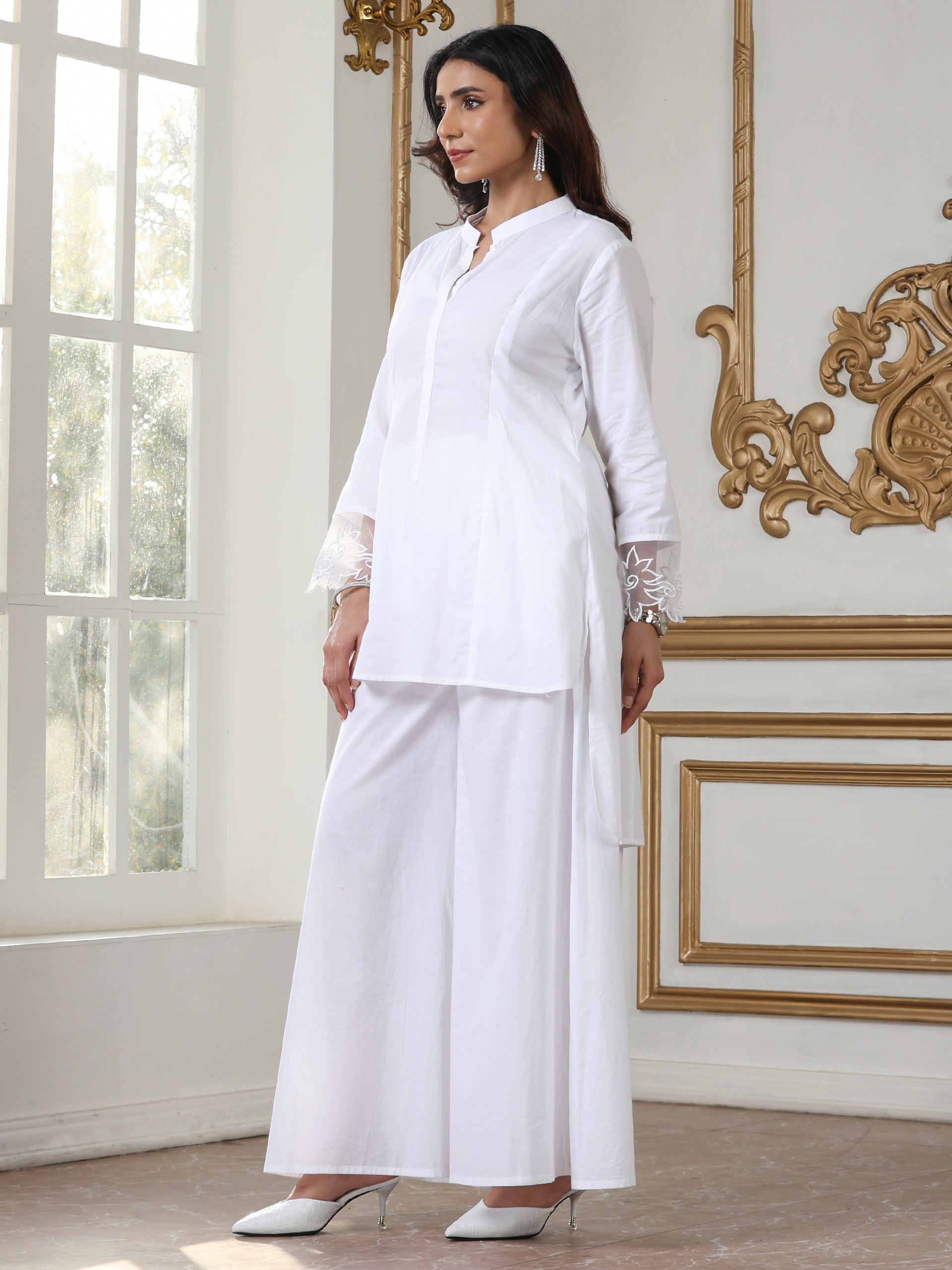 Women’s White Kurta Top | 1 Pc, Net Embroidery on Sleeve, Casual Wear, Work Wear (100% Cotton Cambric Extra Soft Breathable Fabric)