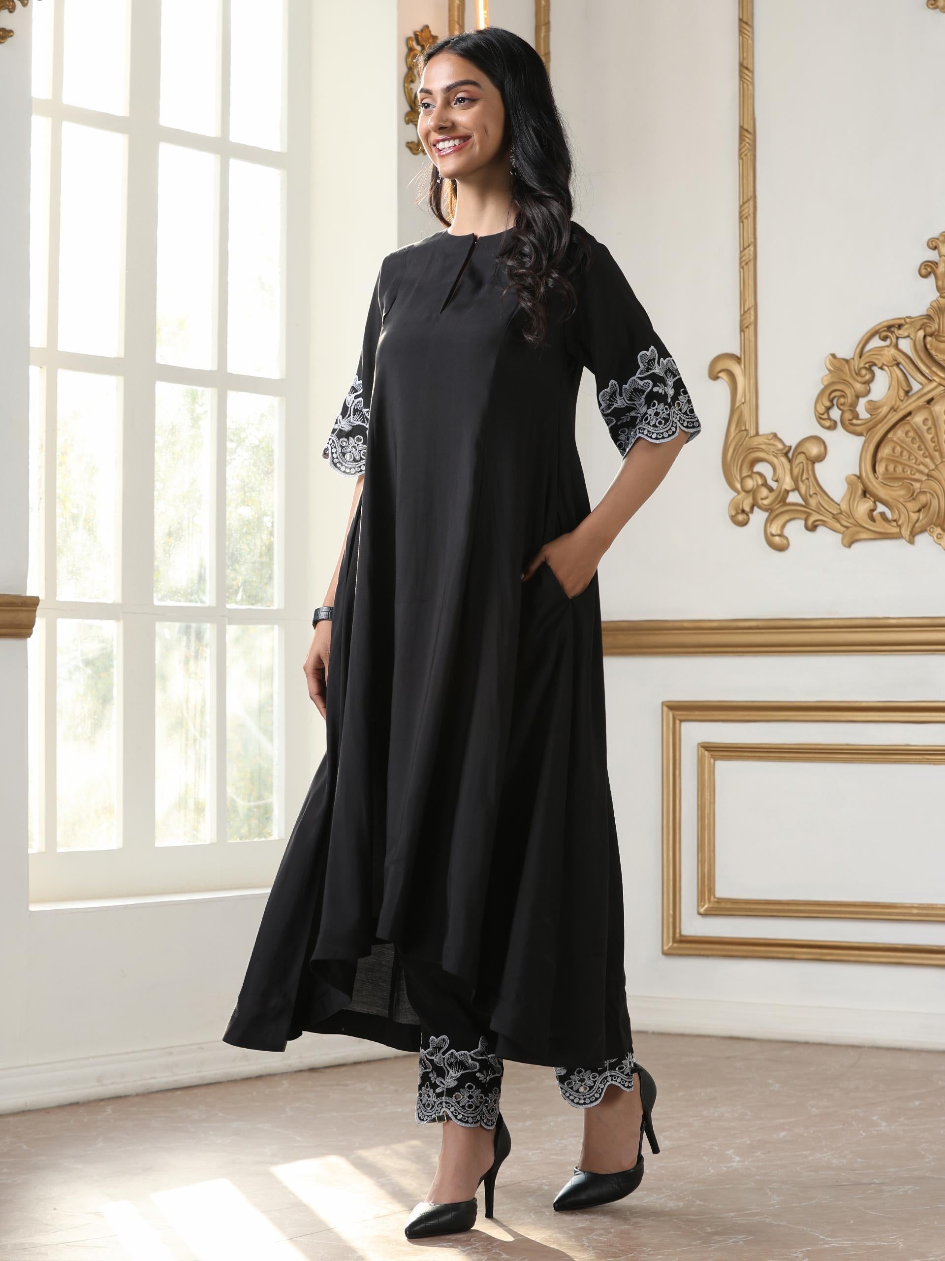 Women’s Black Hi-Low Suit Set with Pant | 2 Pc Set, Hi-Low Design, Schiffli Embroidery on Sleeve & Hem, Half Sleeves ,Work Wear, Casual Wear (AirSkin Cotton Silk Blend Fabric)