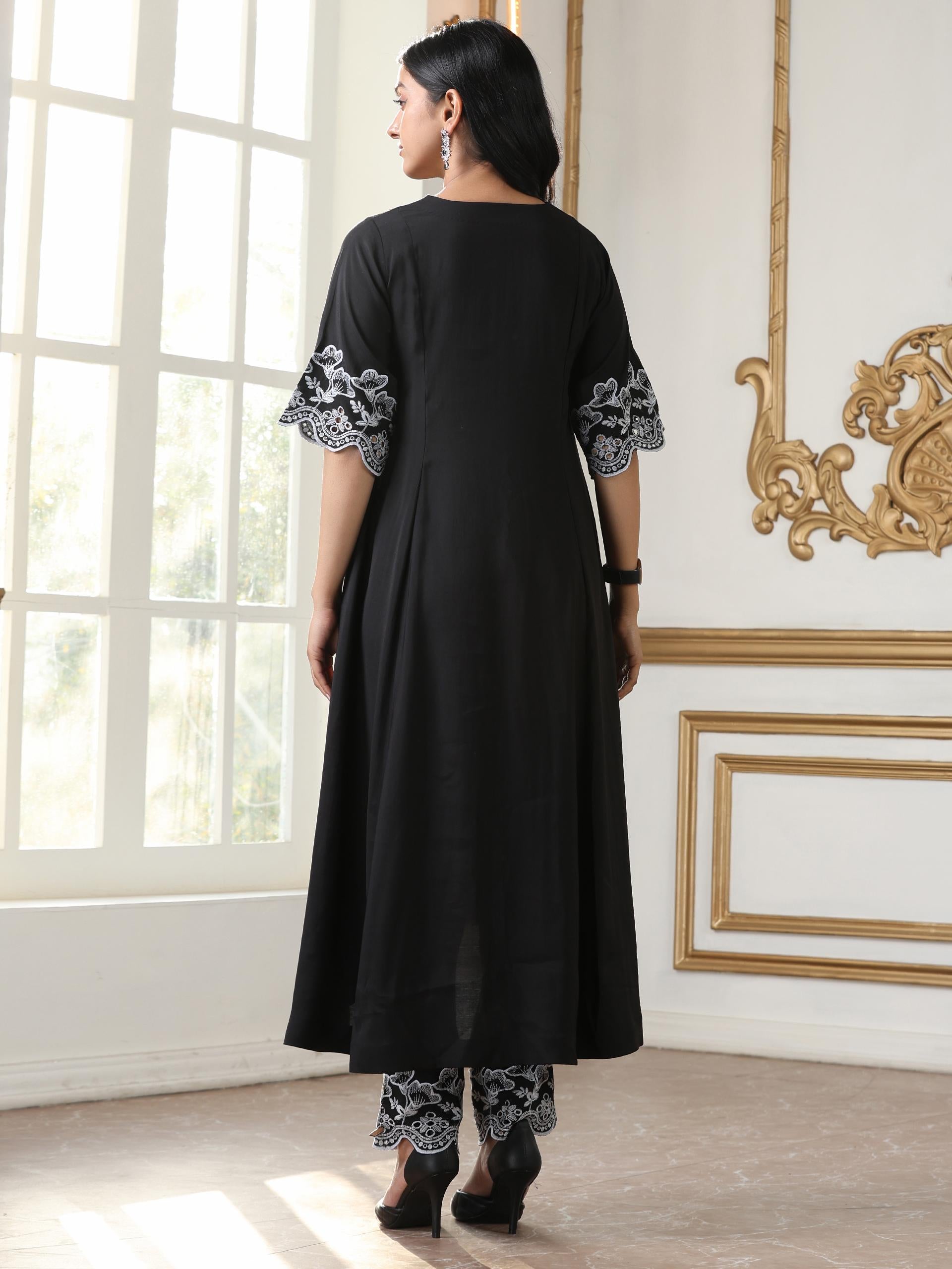Women’s Black Hi-Low Suit Set with Pant | 2 Pc Set, Hi-Low Design, Schiffli Embroidery on Sleeve & Hem, Half Sleeves ,Work Wear, Casual Wear (AirSkin Cotton Silk Blend Fabric)