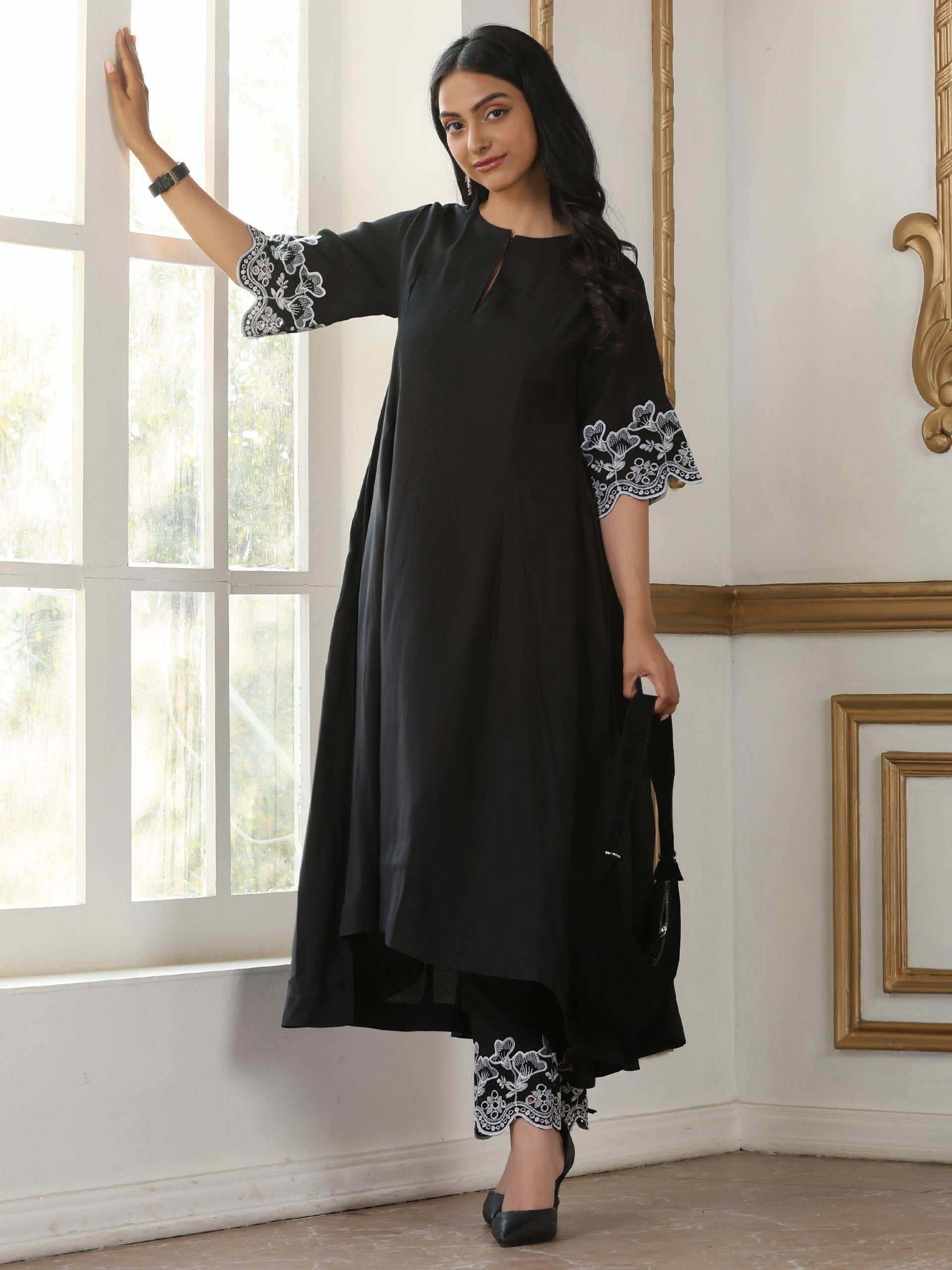 Women’s Black Hi-Low Suit Set with Pant | 2 Pc Set, Hi-Low Design, Schiffli Embroidery on Sleeve & Hem, Half Sleeves ,Work Wear, Casual Wear (AirSkin Cotton Silk Blend Fabric)
