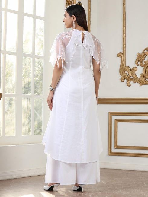 Women’s White Suit Set with Net Sleeves and Palazzo | 2 Pc Set, Halter Neck, Embroidered Net Detailing, Sleeveless, Festive Party Wear (100% Cotton Cambric Extra Soft Breathable Fabric)