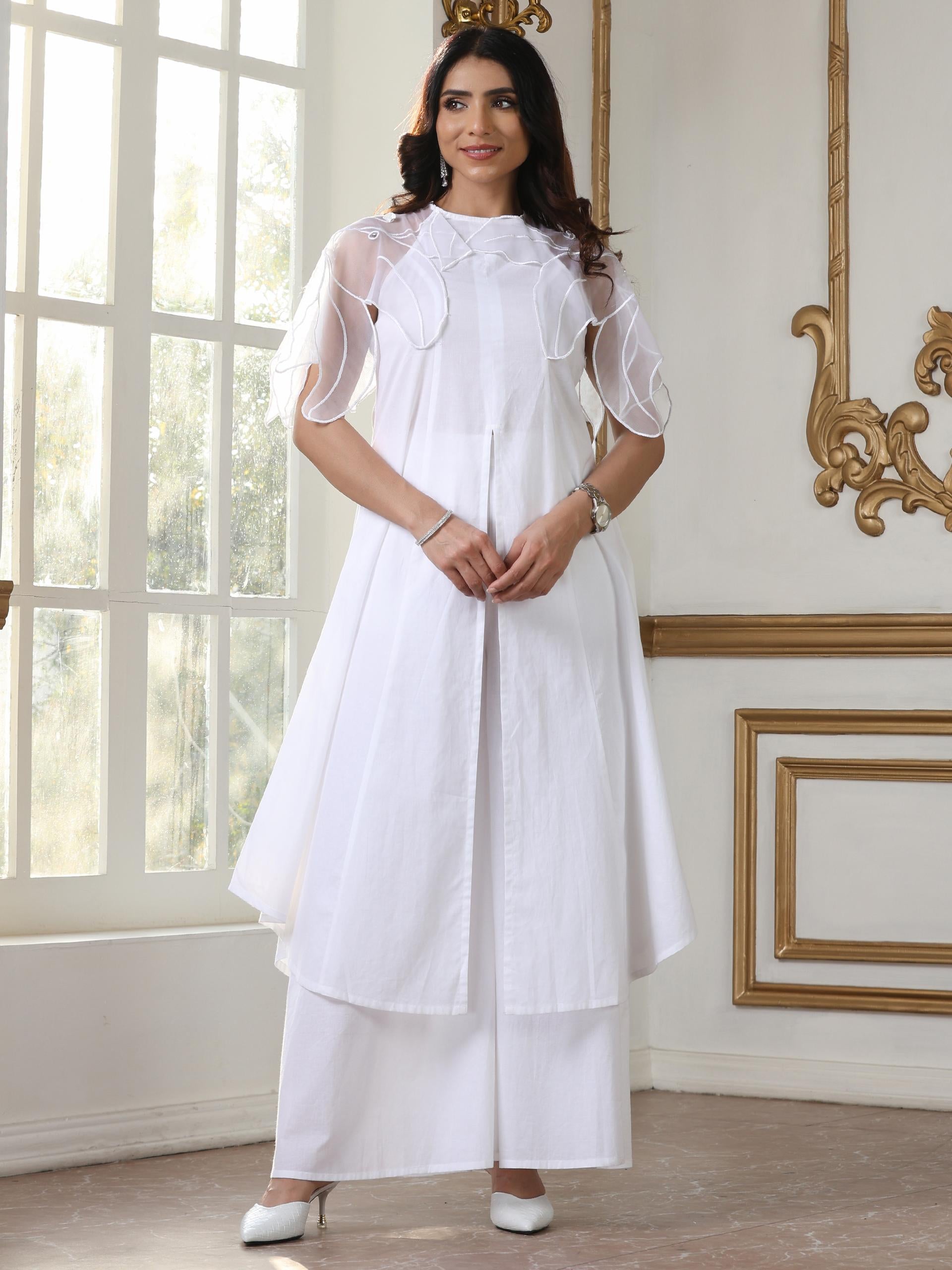 Women’s White Suit Set with Net Sleeves and Palazzo | 2 Pc Set, Halter Neck, Embroidered Net Detailing, Sleeveless, Festive Party Wear (100% Cotton Cambric Extra Soft Breathable Fabric)