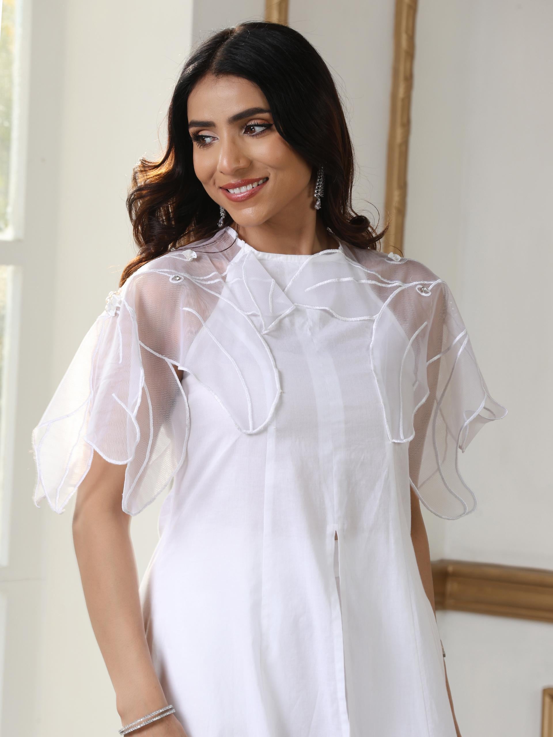 Women’s White Suit Set with Net Sleeves and Palazzo | 2 Pc Set, Halter Neck, Embroidered Net Detailing, Sleeveless, Festive Party Wear (100% Cotton Cambric Extra Soft Breathable Fabric)