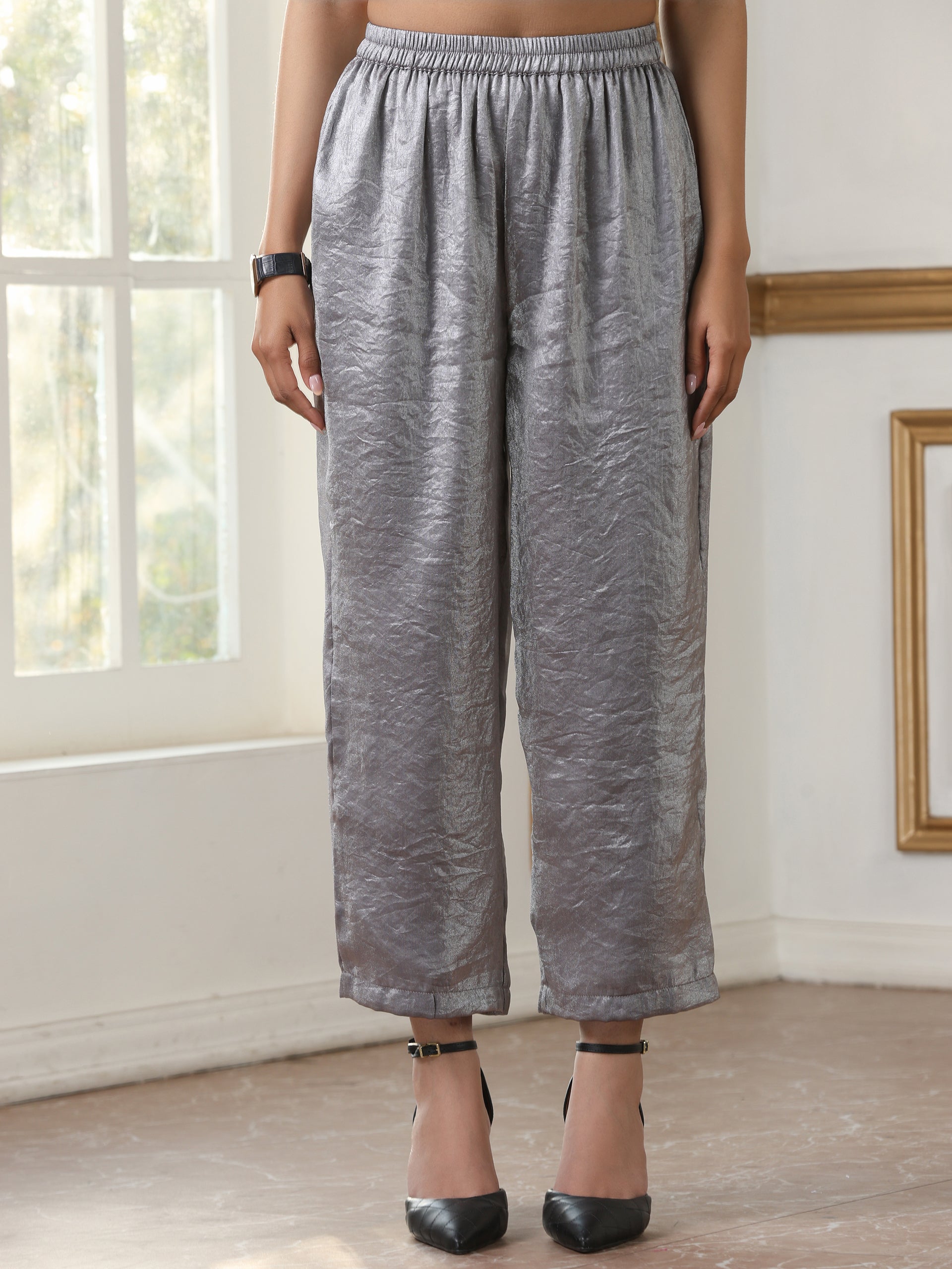 Women’s Grey Metallc Satin Hi-Low Kurta Set with Pant | 2 Pc Set, Metallic Satin Fabric, Embroidered Detailing, 3/4th Sleeves, Festive Party Wear