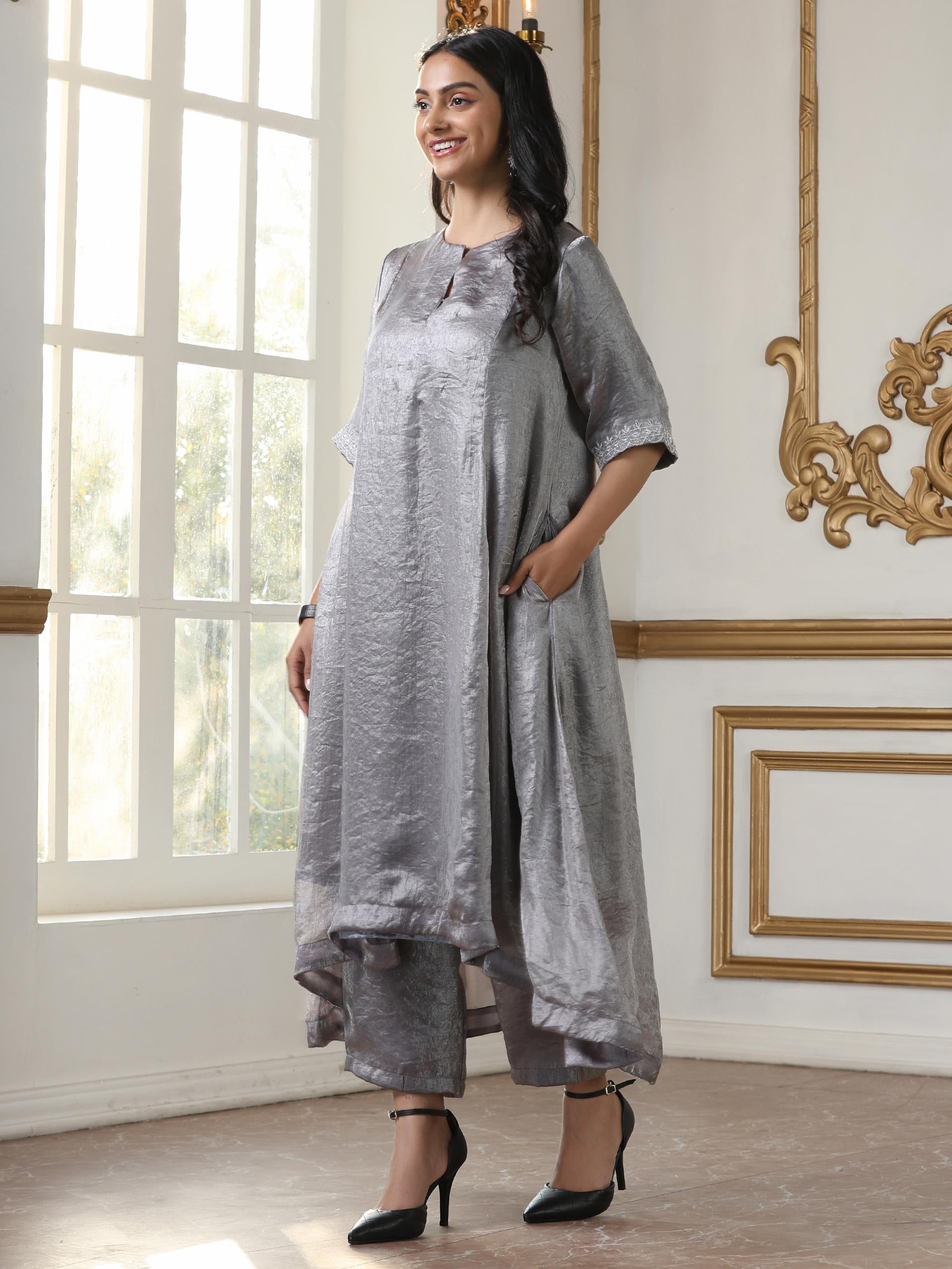 Women’s Grey Metallc Satin Hi-Low Kurta Set with Pant | 2 Pc Set, Metallic Satin Fabric, Embroidered Detailing, 3/4th Sleeves, Festive Party Wear