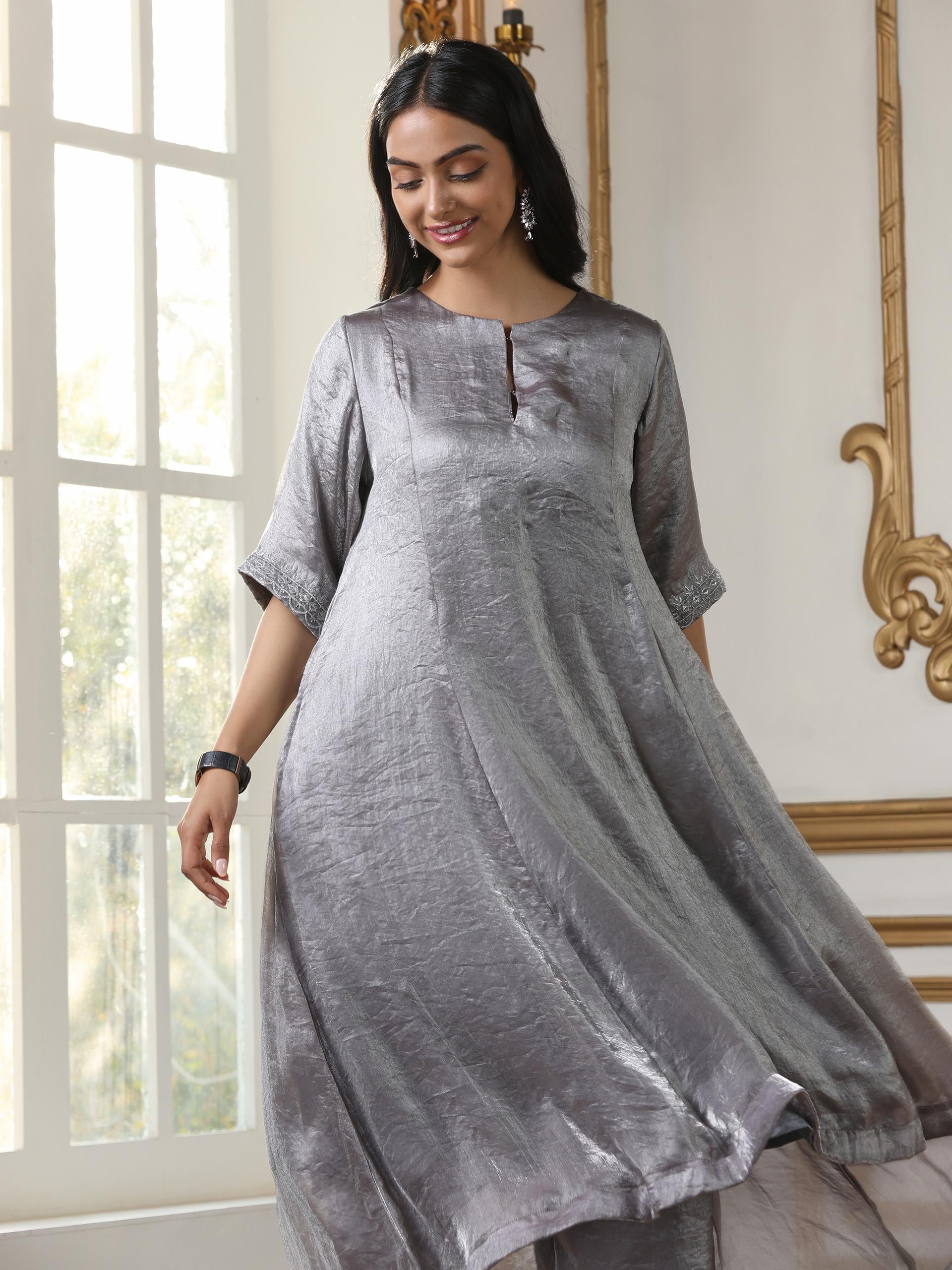 Women’s Grey Metallc Satin Hi-Low Kurta Set with Pant | 2 Pc Set, Metallic Satin Fabric, Embroidered Detailing, 3/4th Sleeves, Festive Party Wear