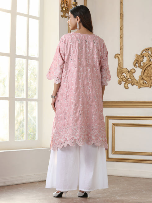 Women’s Pink All Over Schffli Kurta | 1 Pc, Easy Fit, Allover Schiffli Embroidery, Work Wear, Festive Party Wear (PRF'T Lux Duchess Satin Fabric)
