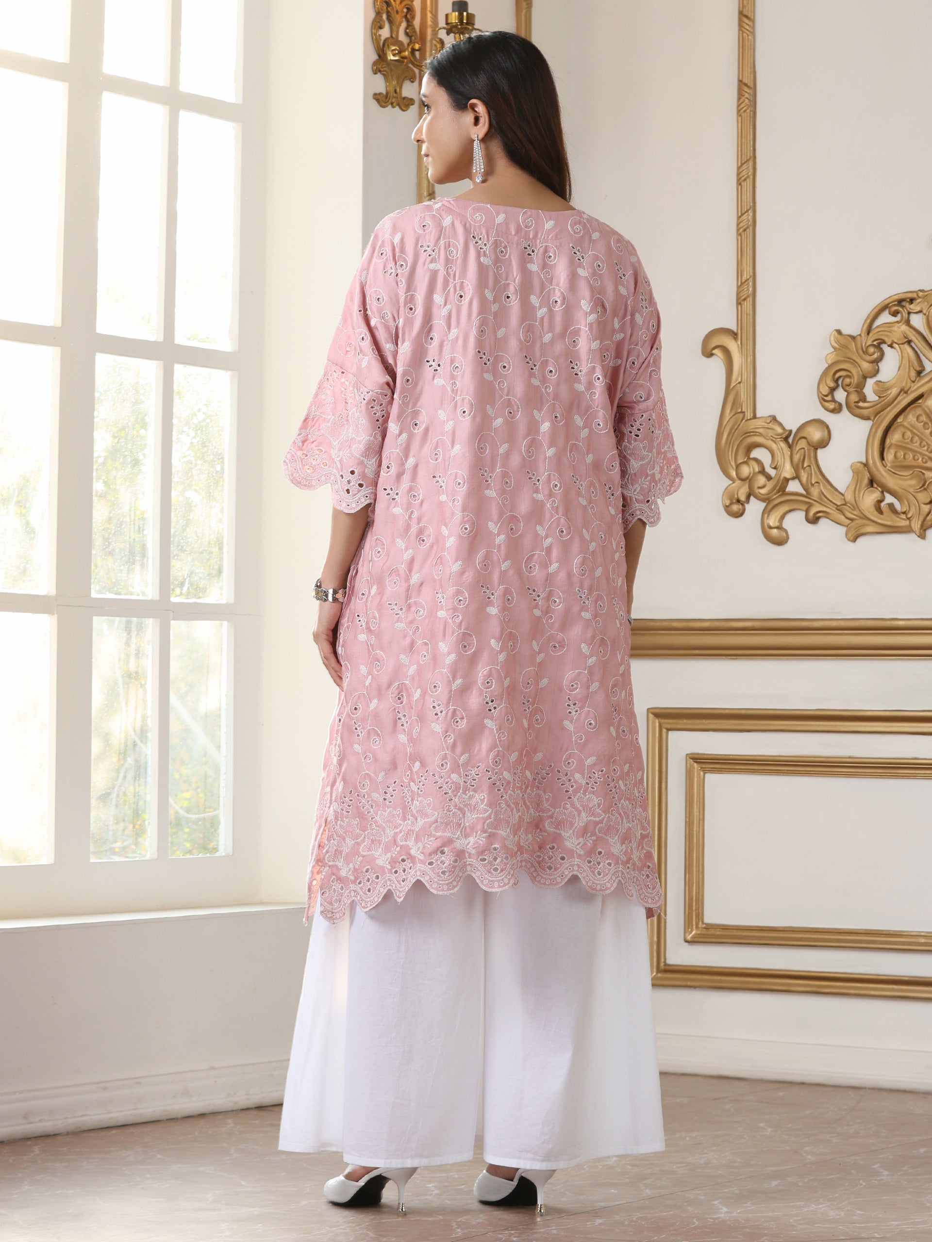 Women’s Pink Schffli AllOver Embroidery Easy Suit Set with White Palazzo | 2 Pc Set, A-Line, Allover Swiss Embroidery, 3/4th Sleeve, Work Wear, Casual (PRF'T Lux Duchess Satin Texture with Swiss Embroidery)