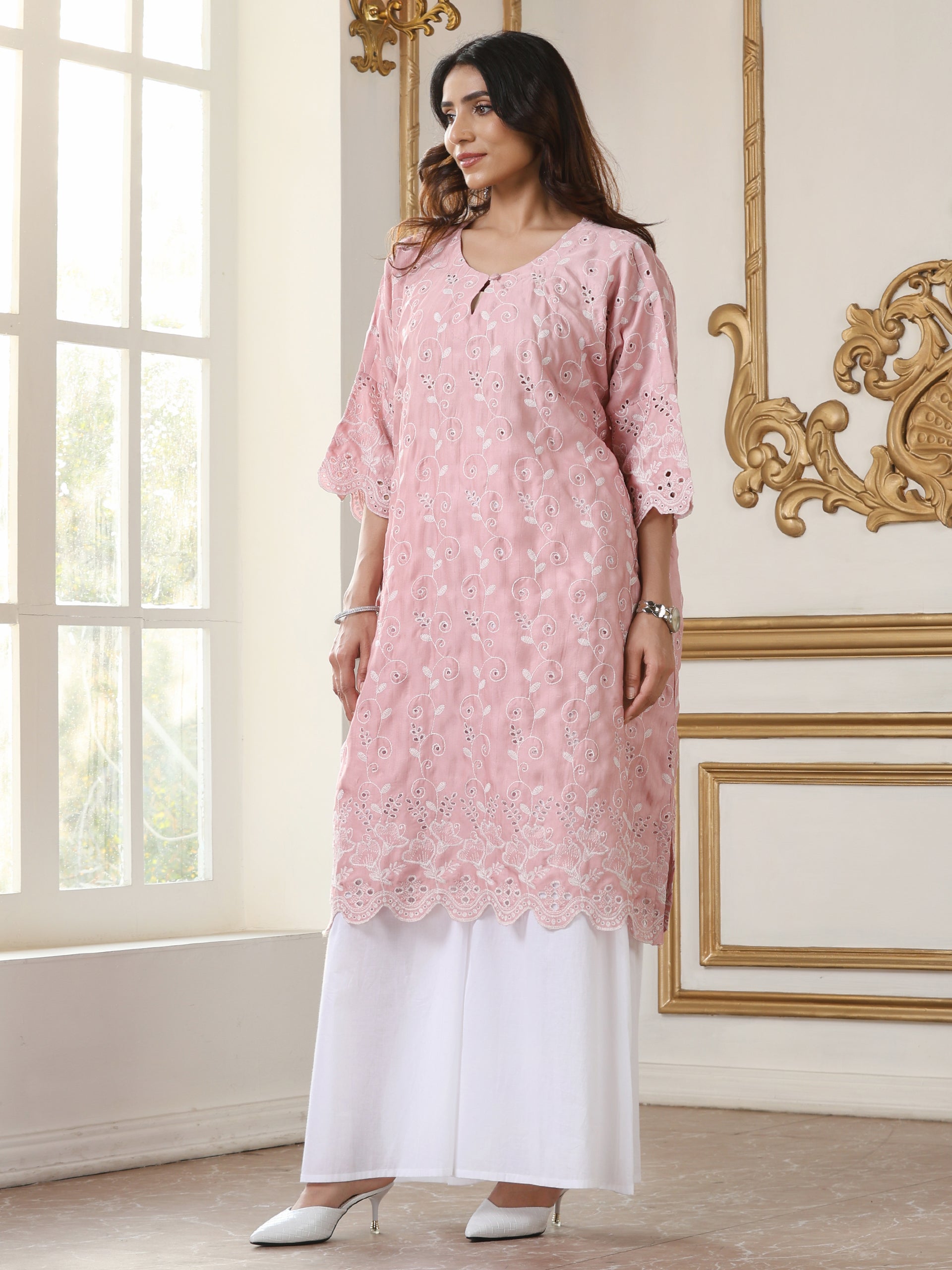 Women’s Pink Schffli AllOver Embroidery Easy Suit Set with White Palazzo | 2 Pc Set, A-Line, Allover Swiss Embroidery, 3/4th Sleeve, Work Wear, Casual (PRF'T Lux Duchess Satin Texture with Swiss Embroidery)