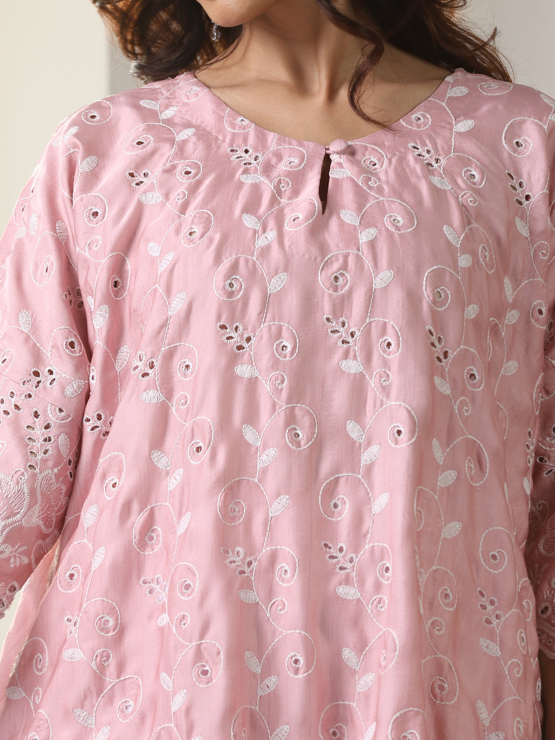 Women’s Pink Schffli AllOver Embroidery Easy Suit Set with White Palazzo | 2 Pc Set, A-Line, Allover Swiss Embroidery, 3/4th Sleeve, Work Wear, Casual (PRF'T Lux Duchess Satin Texture with Swiss Embroidery)