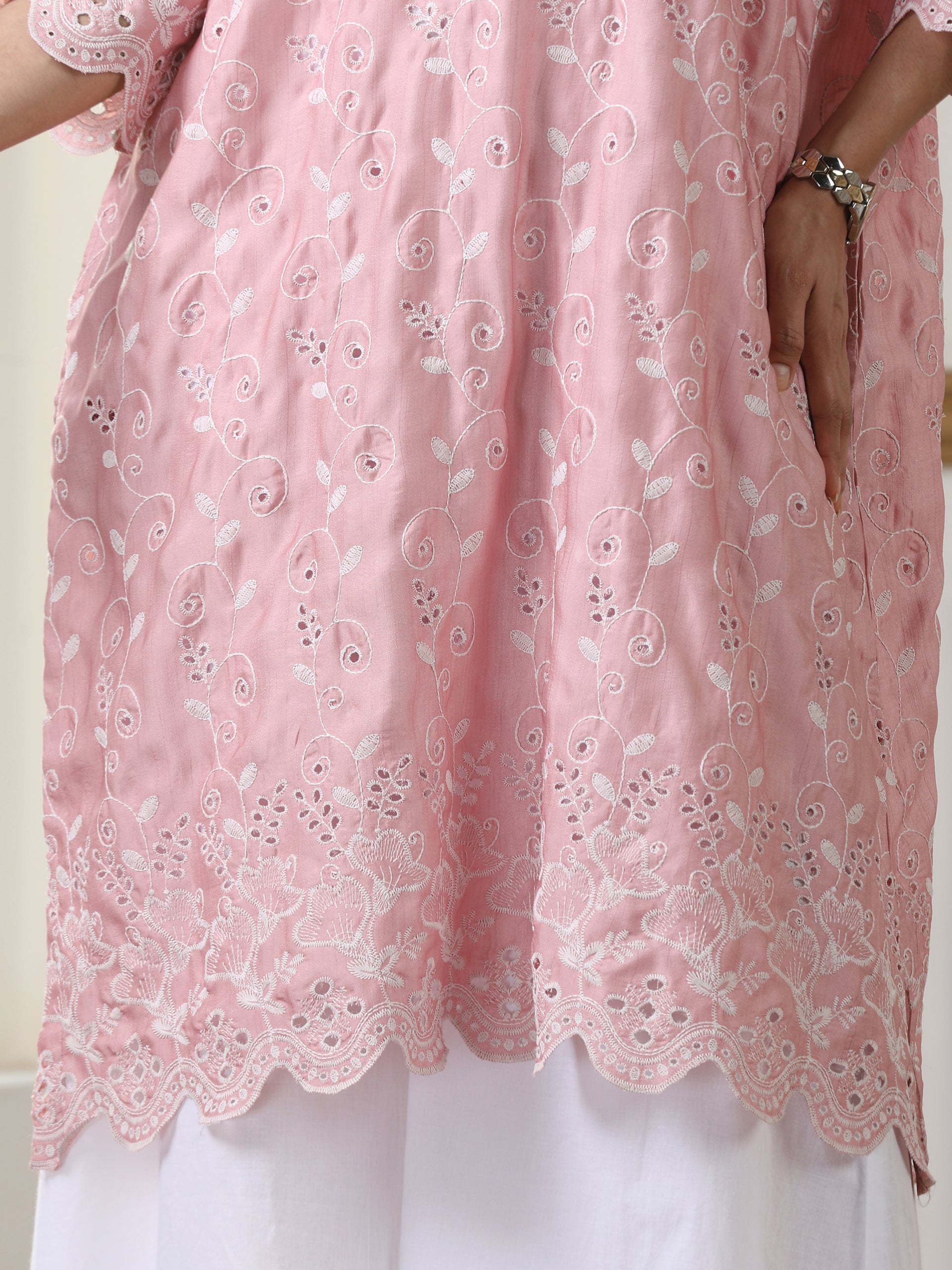 Women’s Pink Schffli AllOver Embroidery Easy Suit Set with White Palazzo | 2 Pc Set, A-Line, Allover Swiss Embroidery, 3/4th Sleeve, Work Wear, Casual (PRF'T Lux Duchess Satin Texture with Swiss Embroidery)