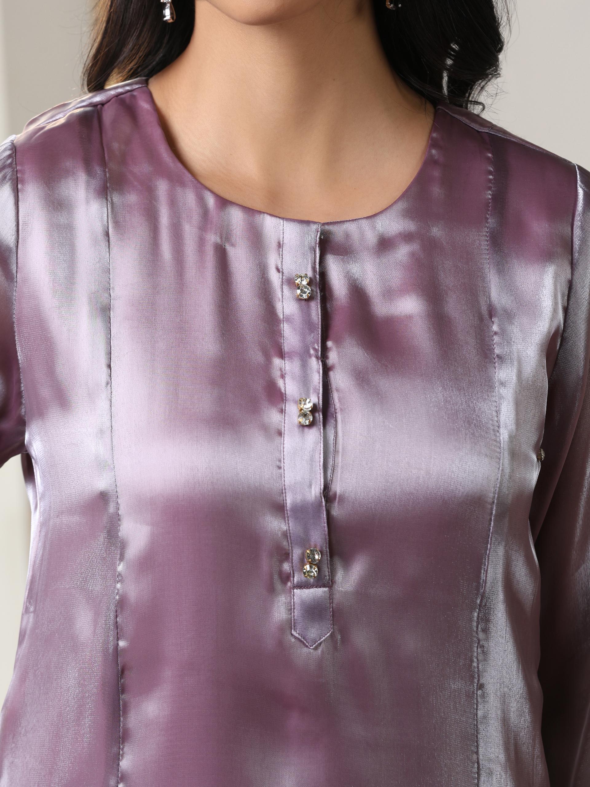 Women’s Mauve Suit Set with Pant | 2 Pc Set, Organza Satin Fabric, Hand Embroidery & Bead Detailing, Full Sleeve, Festive Party Wear
