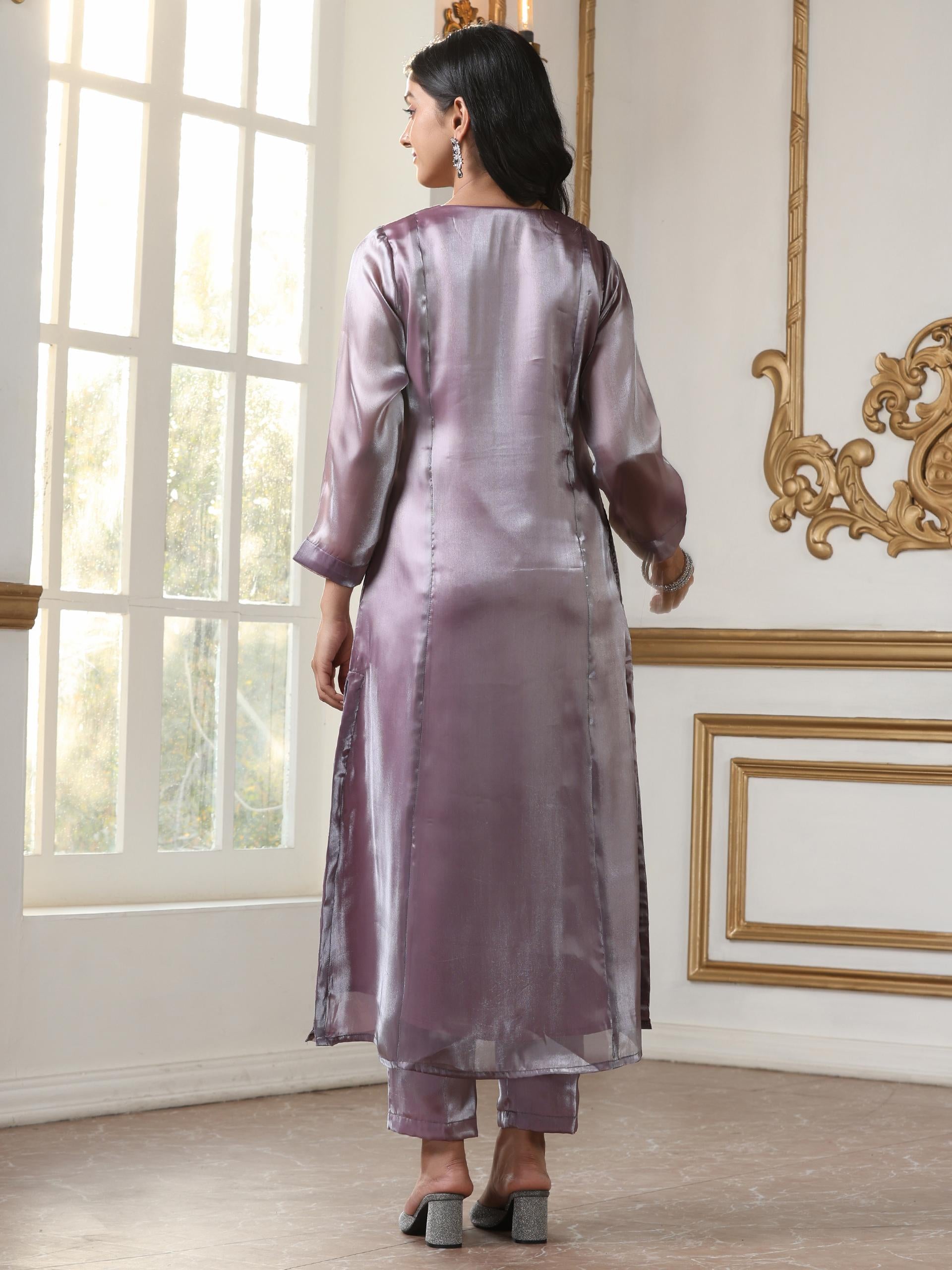 Women’s Mauve Suit Set with Pant | 2 Pc Set, Organza Satin Fabric, Hand Embroidery & Bead Detailing, Full Sleeve, Festive Party Wear