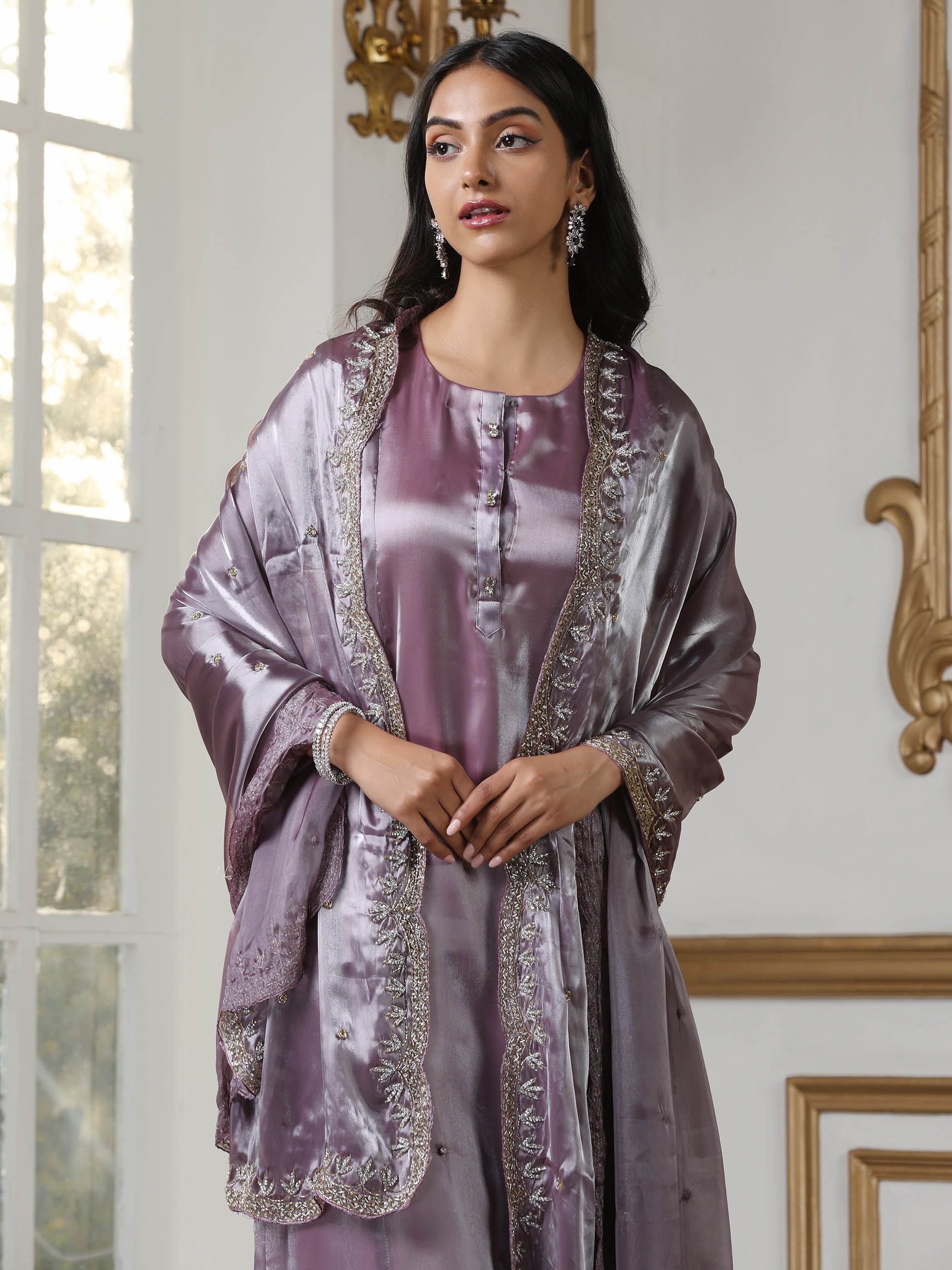 Women’s Mauve Suit Set with Pant | 2 Pc Set, Organza Satin Fabric, Hand Embroidery & Bead Detailing, Full Sleeve, Festive Party Wear