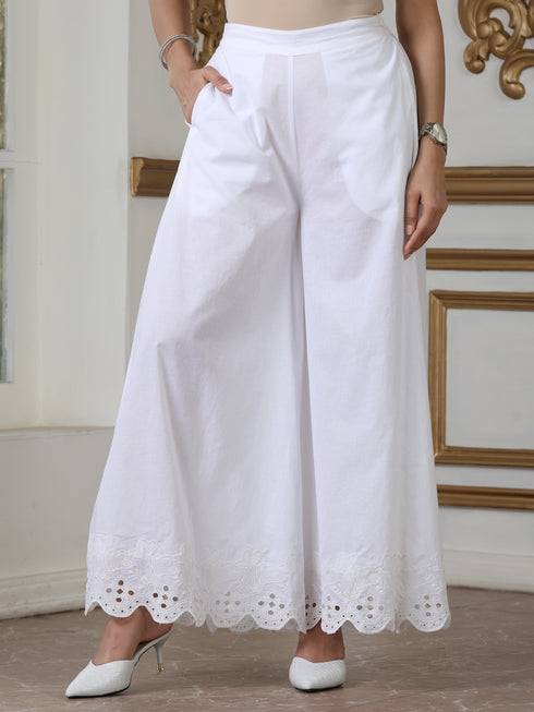 Women’s White Schffli Palazzo | 1 Pc, Cotton Cambric Fabric, Schiffli Embroidery, Casual , Festive Party Wear