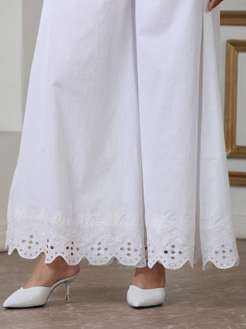 Women’s White Schffli Palazzo | 1 Pc, Cotton Cambric Fabric, Schiffli Embroidery, Casual , Festive Party Wear