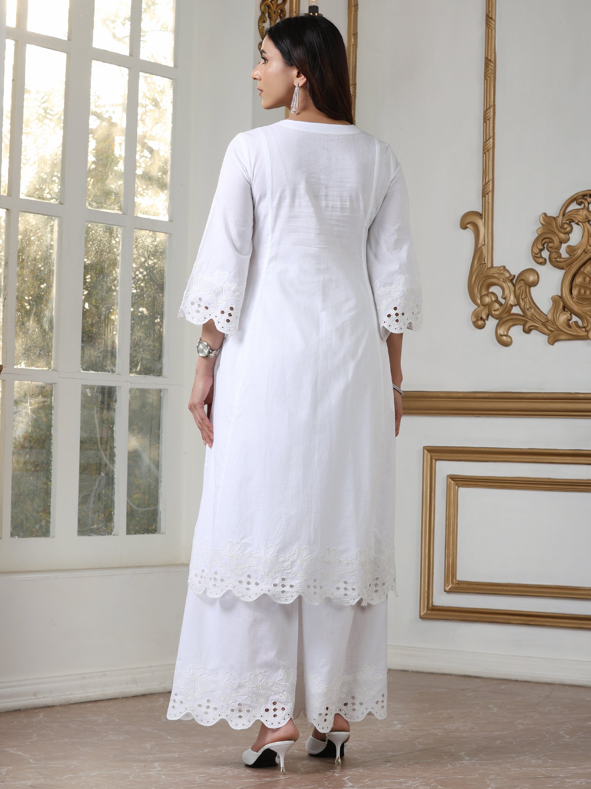 Women’s White Schffli Kurta | 1 Pc, Schiffli Embroidery on Hem & Sleeve, Work Wear, Casual Wear (100% Cotton Cambric Extra Soft Breathable Fabric)