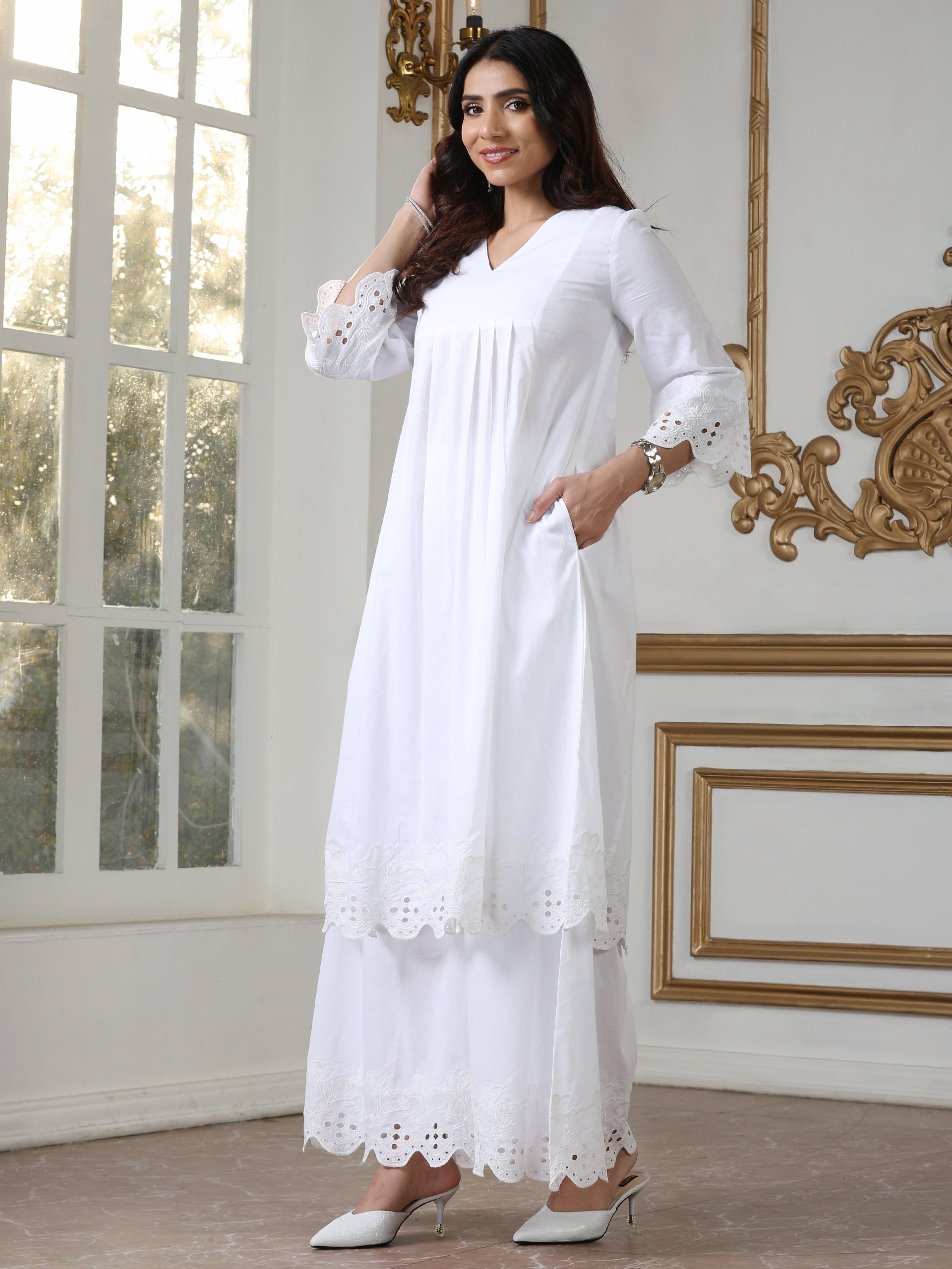 Women’s White Schffli Kurta | 1 Pc, Schiffli Embroidery on Hem & Sleeve, Work Wear, Casual Wear (100% Cotton Cambric Extra Soft Breathable Fabric)