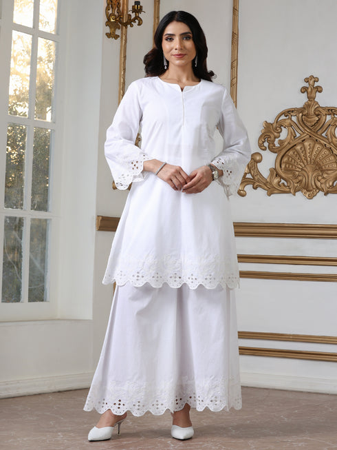 Women’s White Schffli Palazzo | 1 Pc, Cotton Cambric Fabric, Schiffli Embroidery, Casual , Festive Party Wear