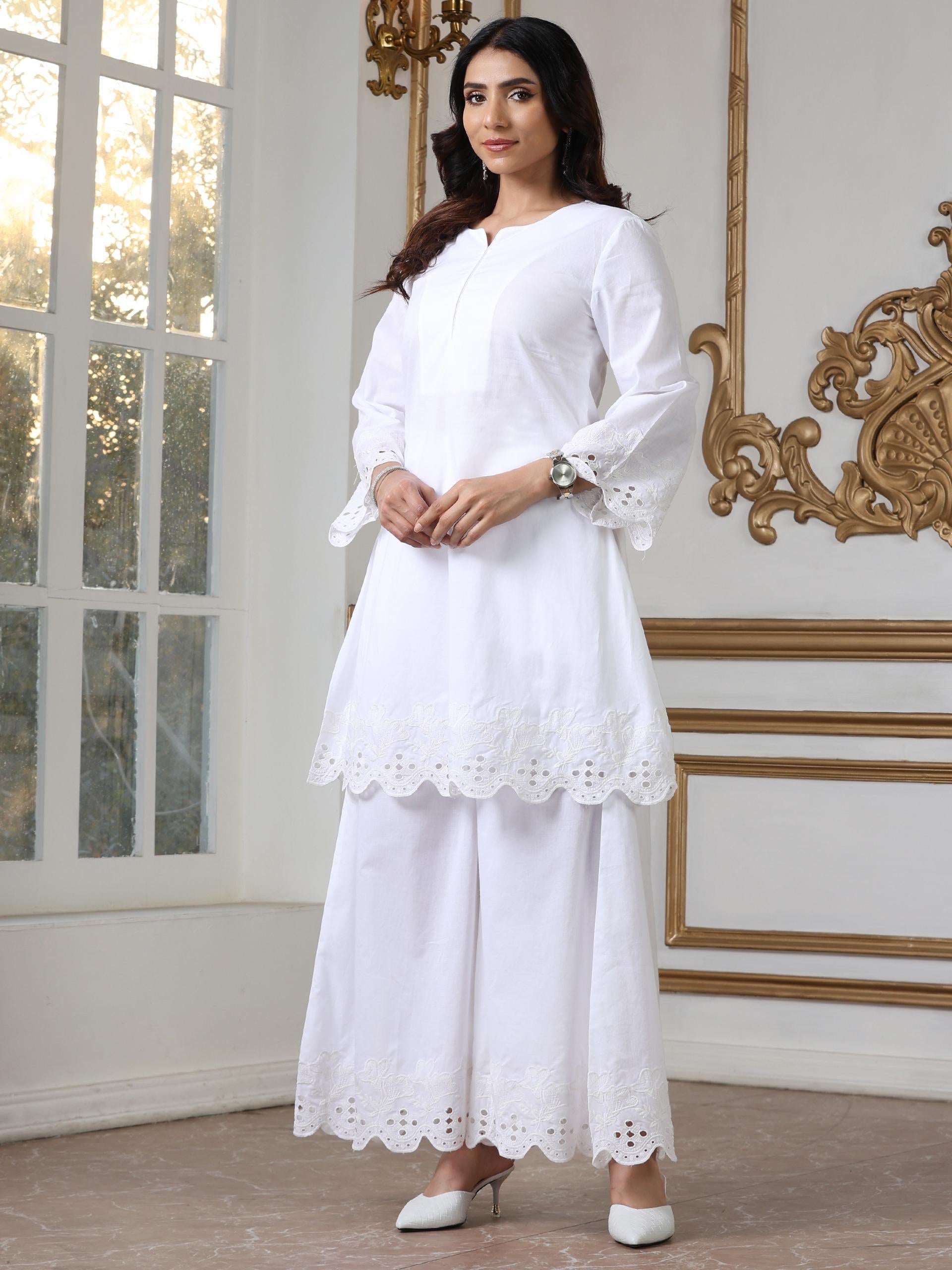 Women’s White Schfli Suit Set with Palazzo | 2 Pc Set, Short Kurta, Schiffli Embroidery on Hem, Festive Party Wear (100% Cotton Cambric Extra Soft Breathable Fabric)