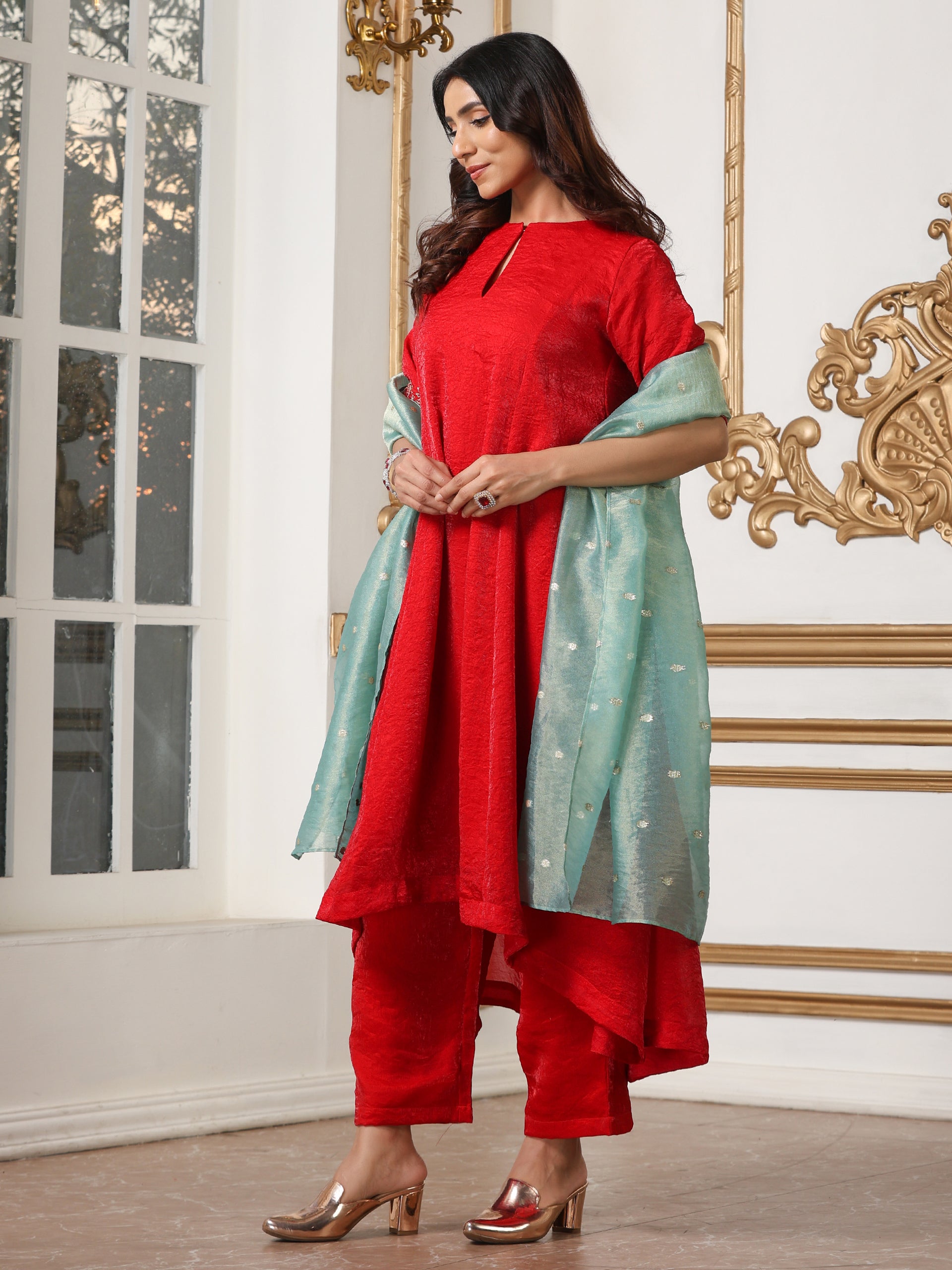 Women’s Blue Gold Banarasi Dupatta | 1 Pc, Woven Motif Design on Silk Shimmer, Festive Party Wear