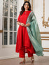 Women’s Red Hi-Low Metallic Satin Suit Set with Pant | 2 Pc Set, Crushed Satin Fabric, Embroidered Detailing, Half Sleeves, Festive Party Wear